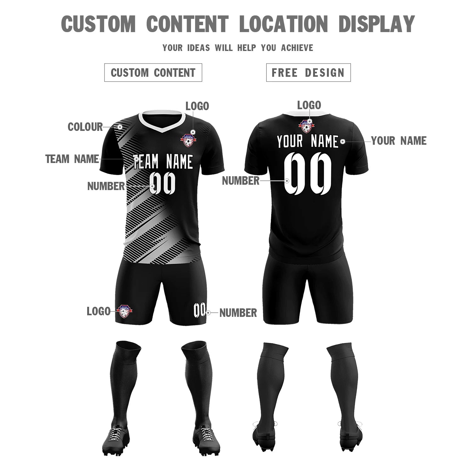 Custom Black White Casual Printing Sportswear Soccer Sets Jersey