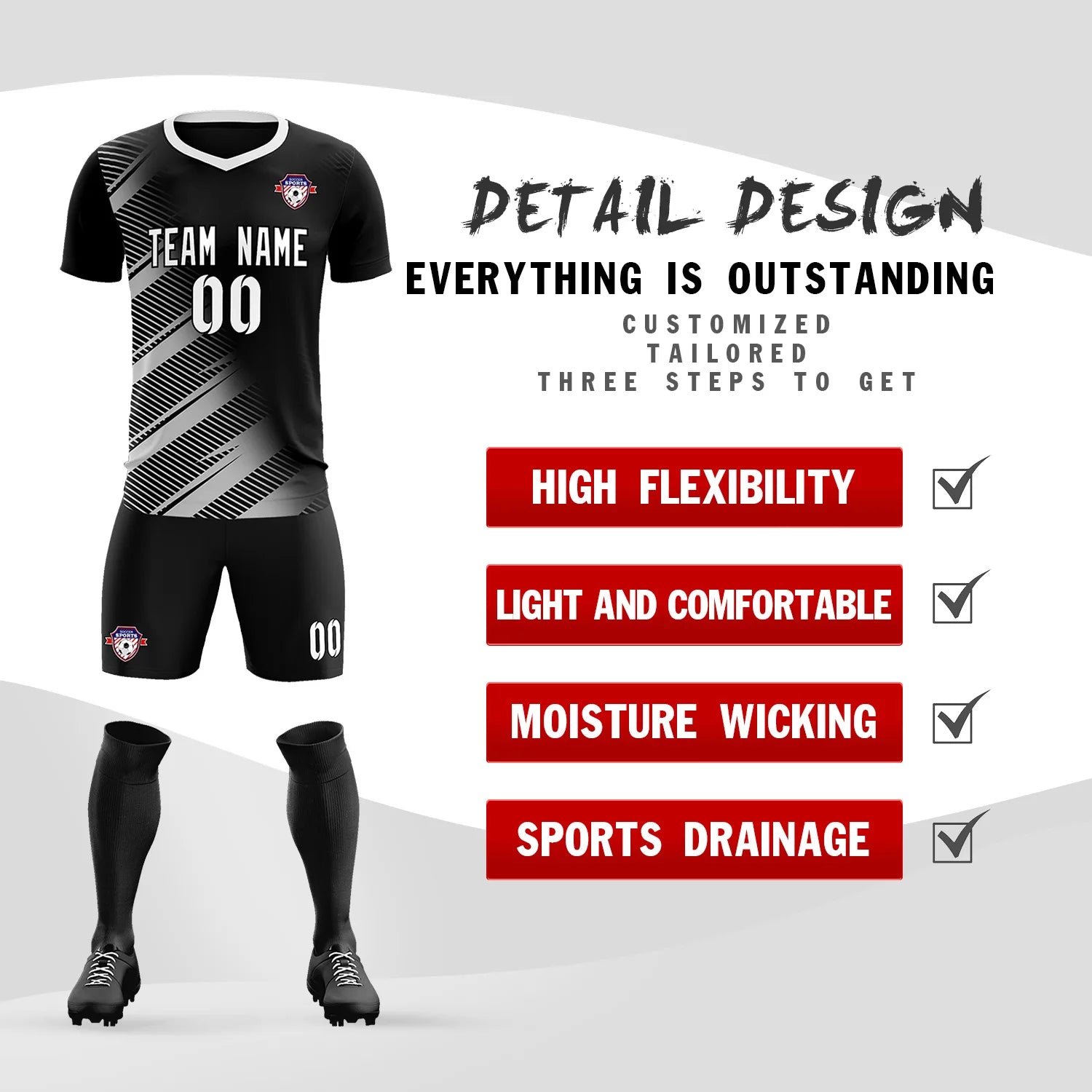 Custom Black White Casual Printing Sportswear Soccer Sets Jersey