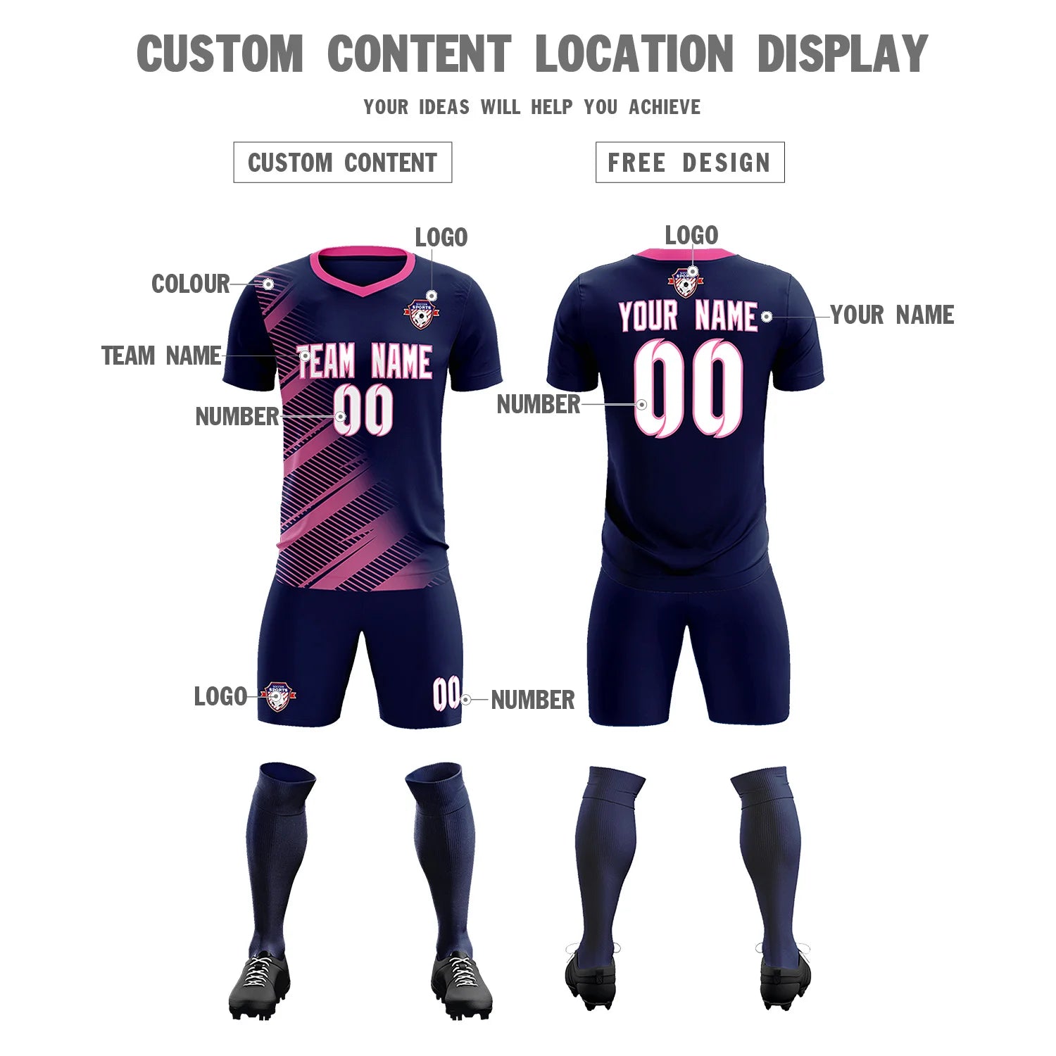 Custom Navy Pink Casual Printing Sportswear Soccer Sets Jersey