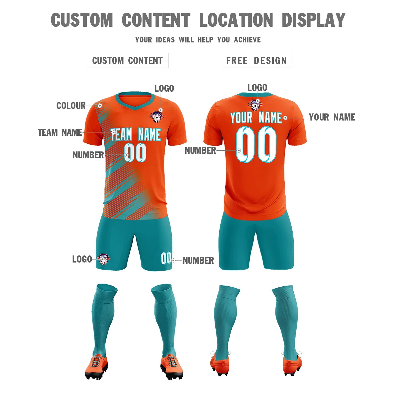 Custom Orange Aqua Casual Printing Sportswear Soccer Sets Jersey