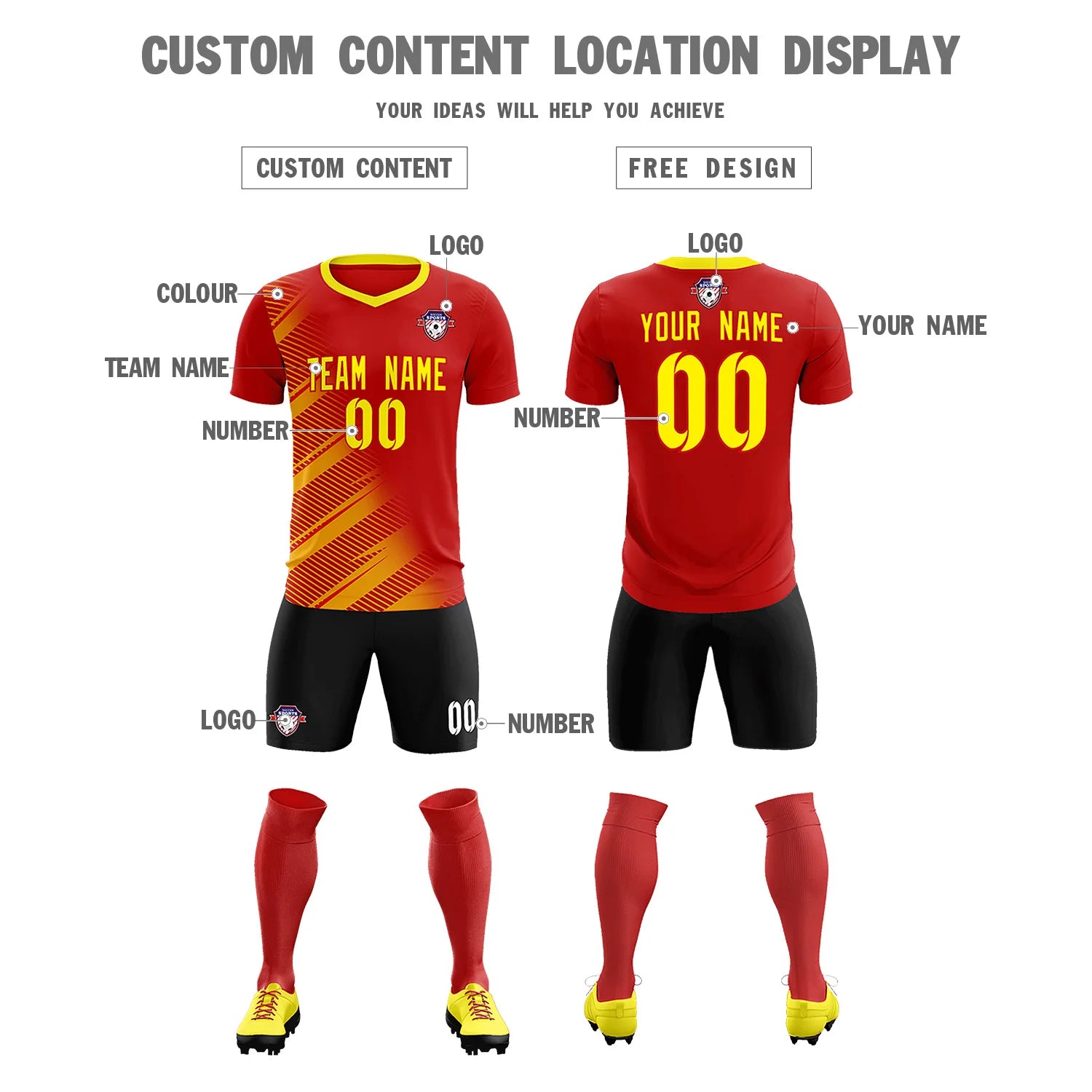 Custom Red Gold01 Casual Printing Sportswear Soccer Sets Jersey