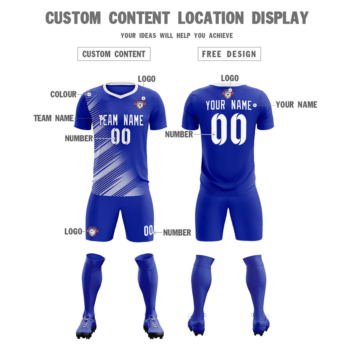 Custom Royal Blue White Casual Printing Sportswear Soccer Sets Jersey