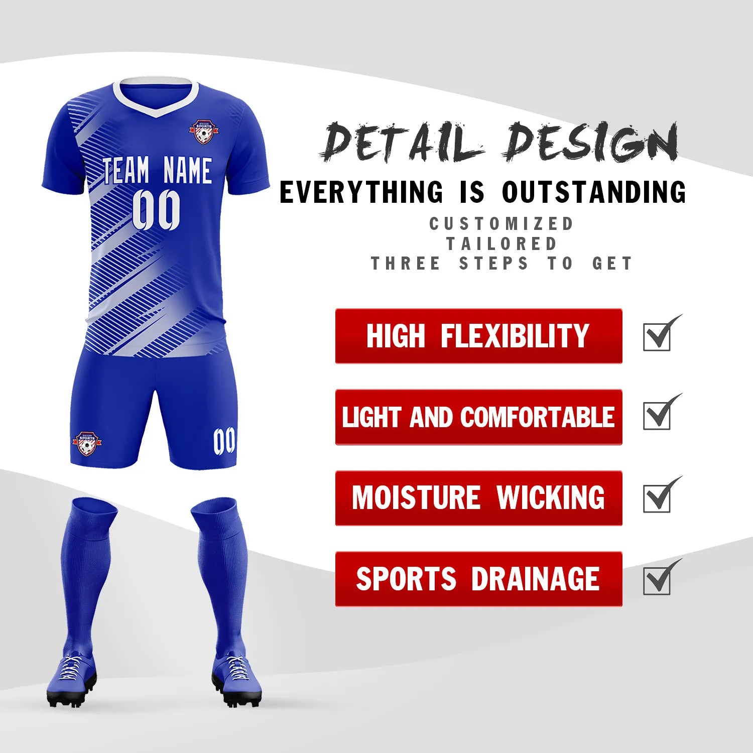Custom Royal Blue White Casual Printing Sportswear Soccer Sets Jersey