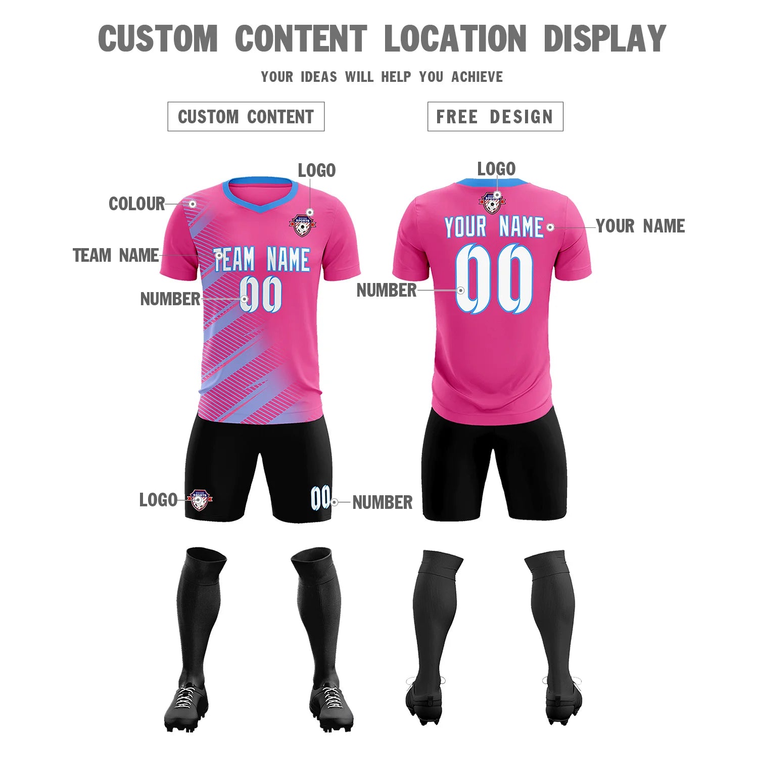 Custom Pink Powder Blue Casual Printing Sportswear Soccer Sets Jersey