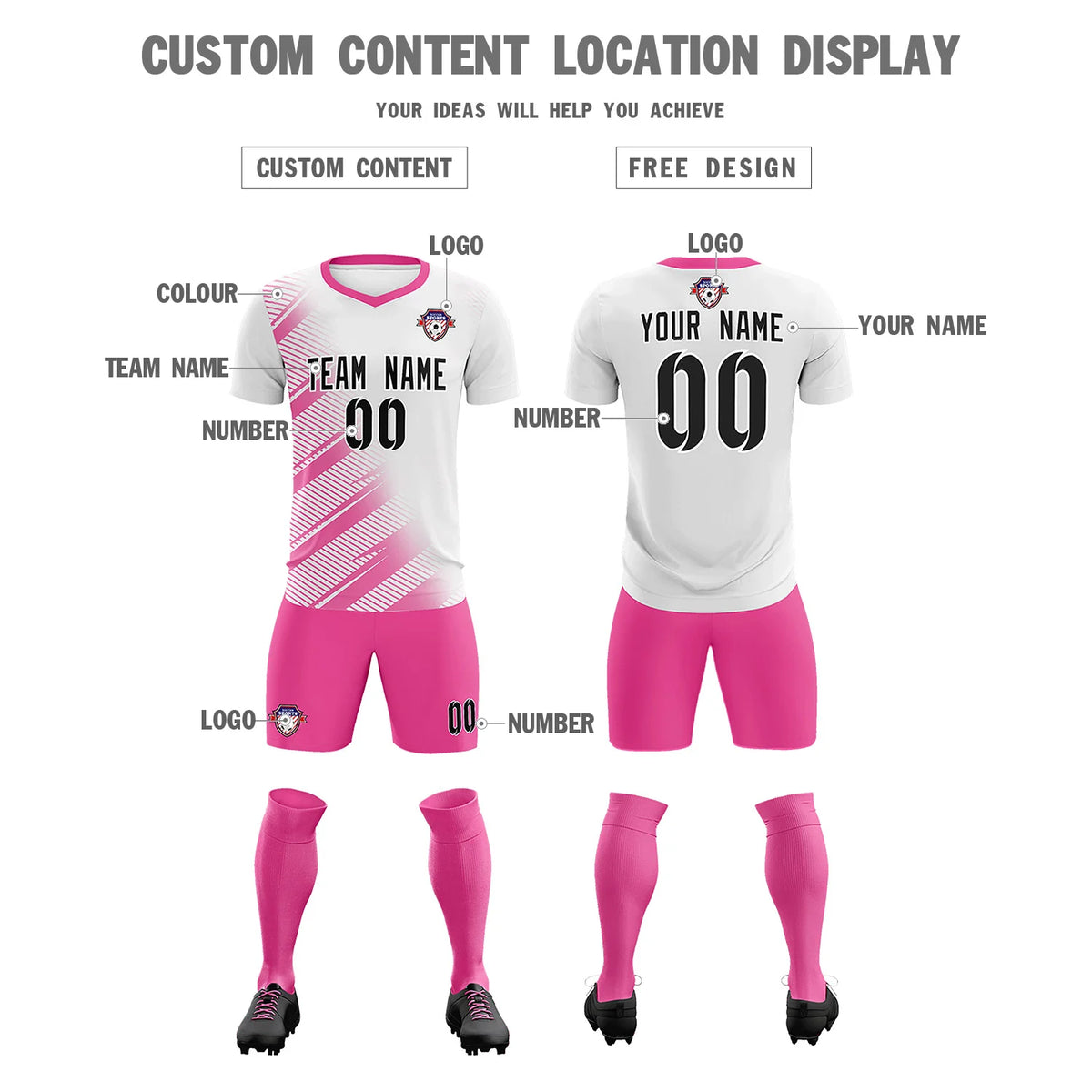 Custom White Pink Casual Printing Sportswear Soccer Sets Jersey