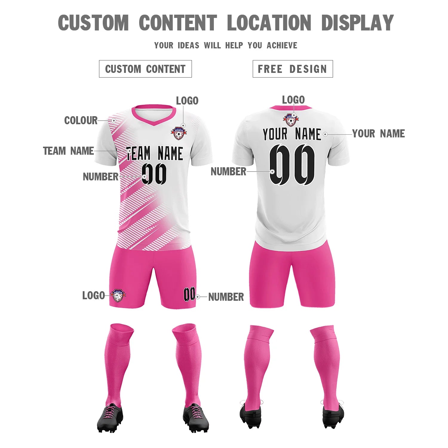 Custom White Pink Casual Printing Sportswear Soccer Sets Jersey