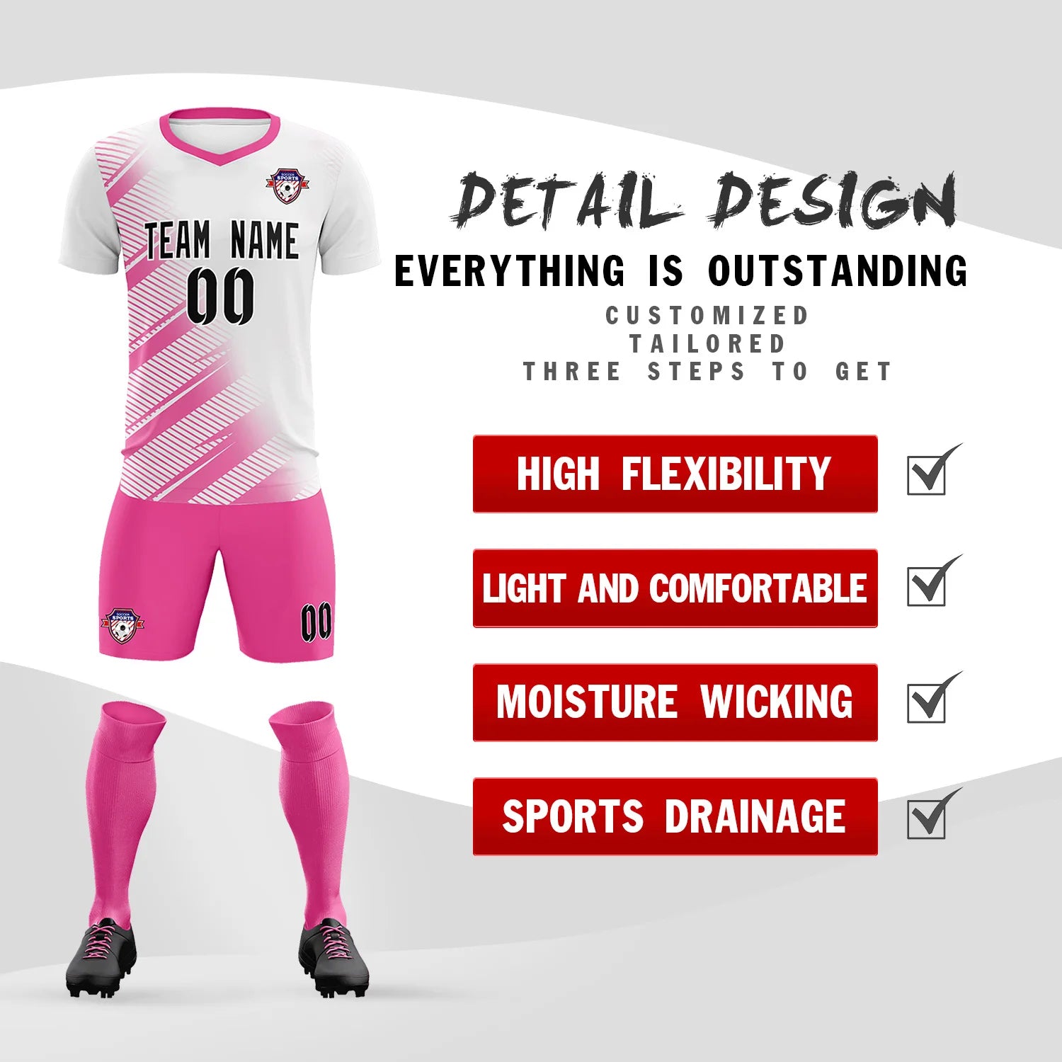 Custom White Pink Casual Printing Sportswear Soccer Sets Jersey