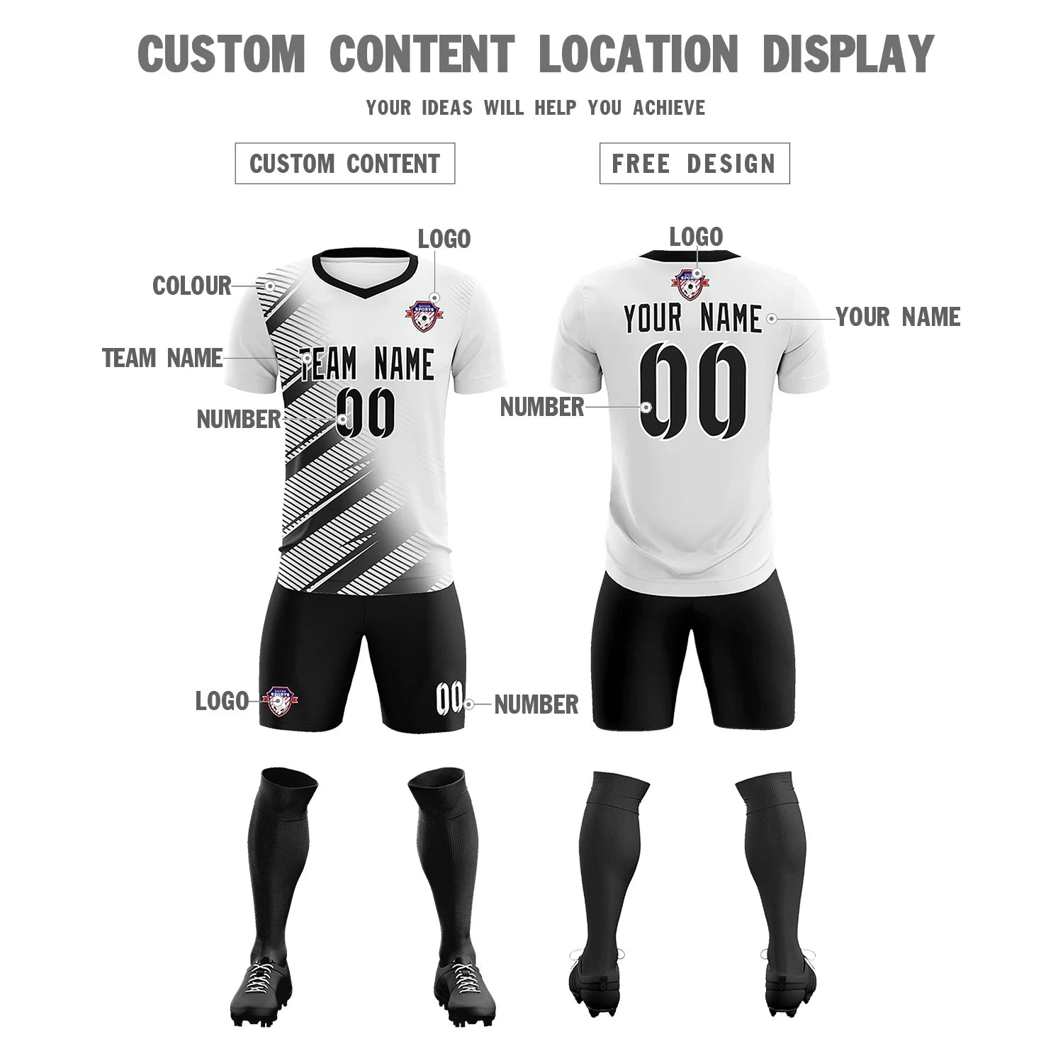 Custom White Black Casual Printing Sportswear Soccer Sets Jersey