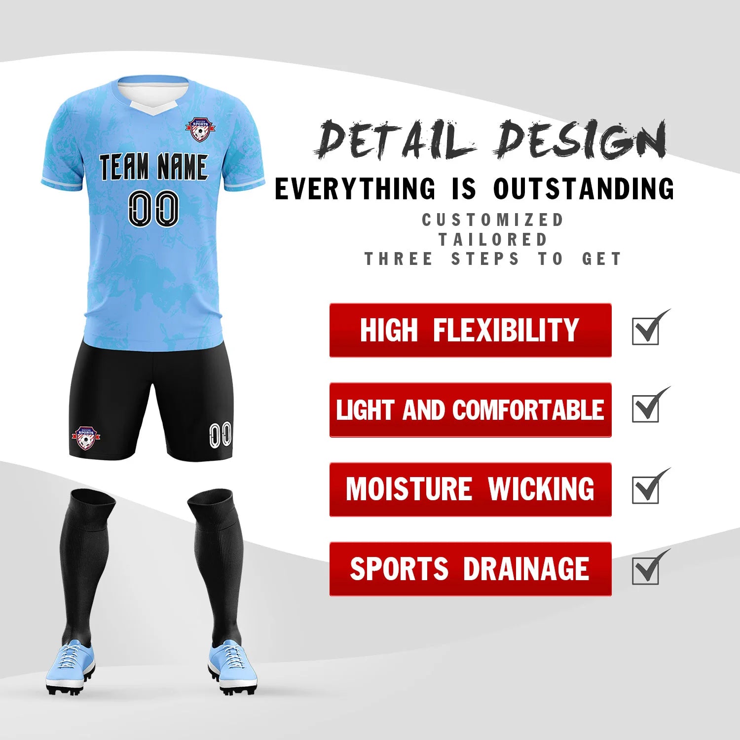 Custom Light Blue Powder Blue Training Uniform Soccer Sets Jersey