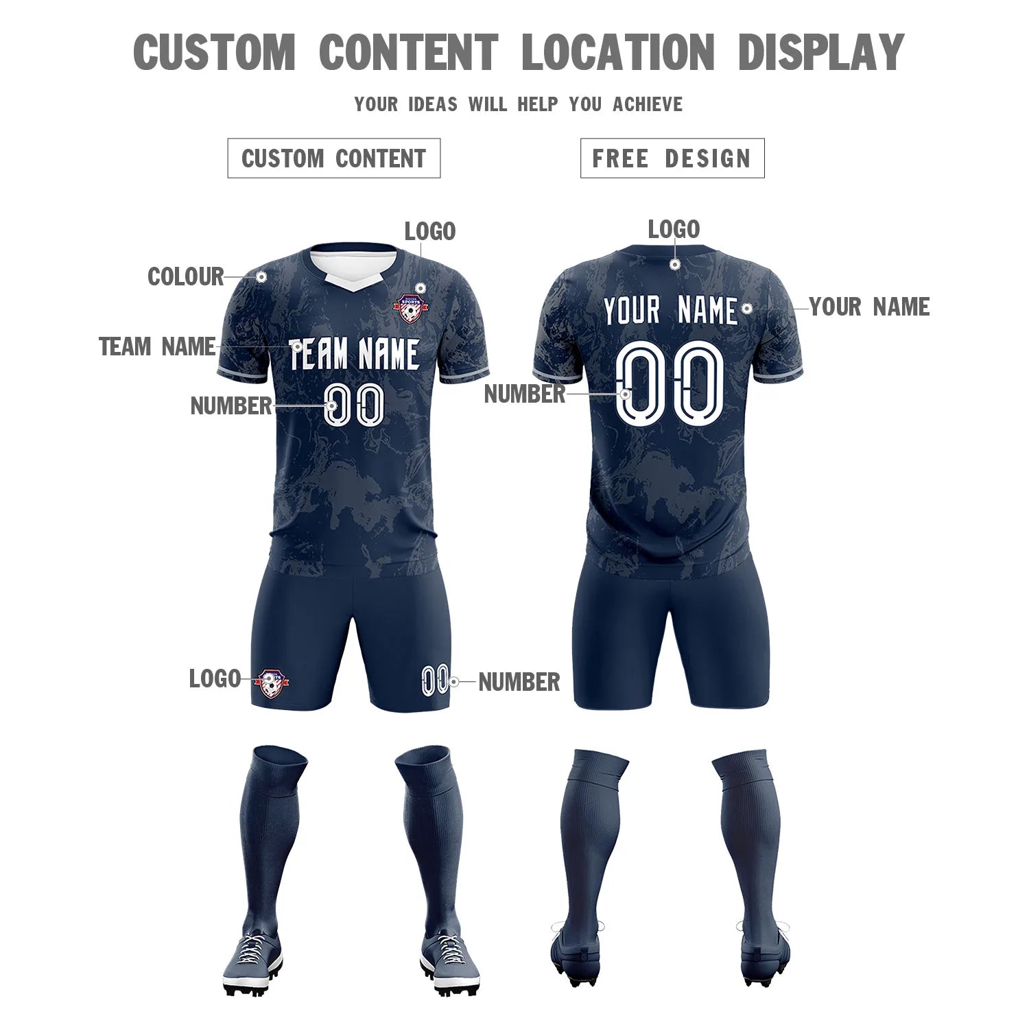 Custom Navy Gray Training Uniform Soccer Sets Jersey