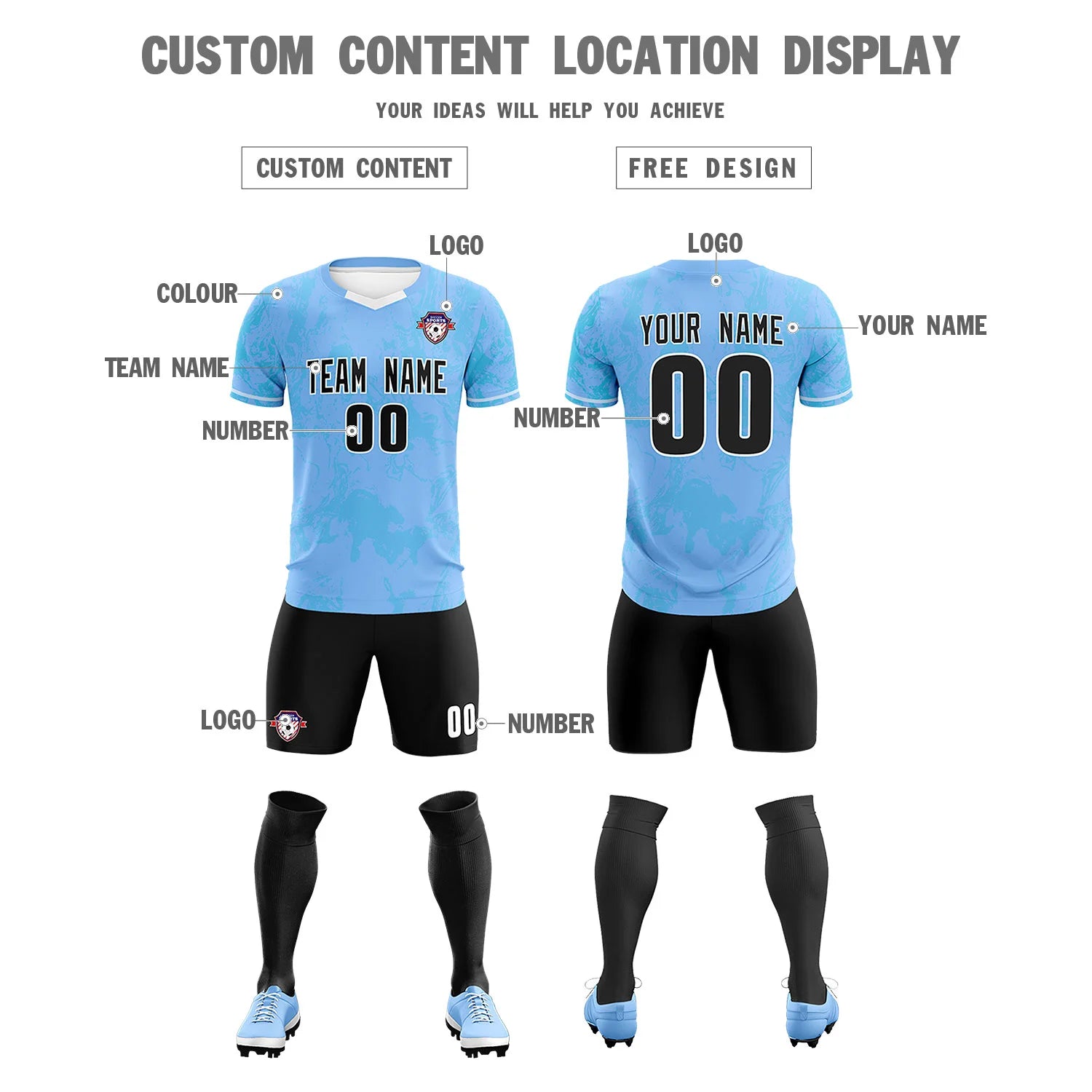 Custom Light Blue Powder Blue Training Uniform Soccer Sets Jersey