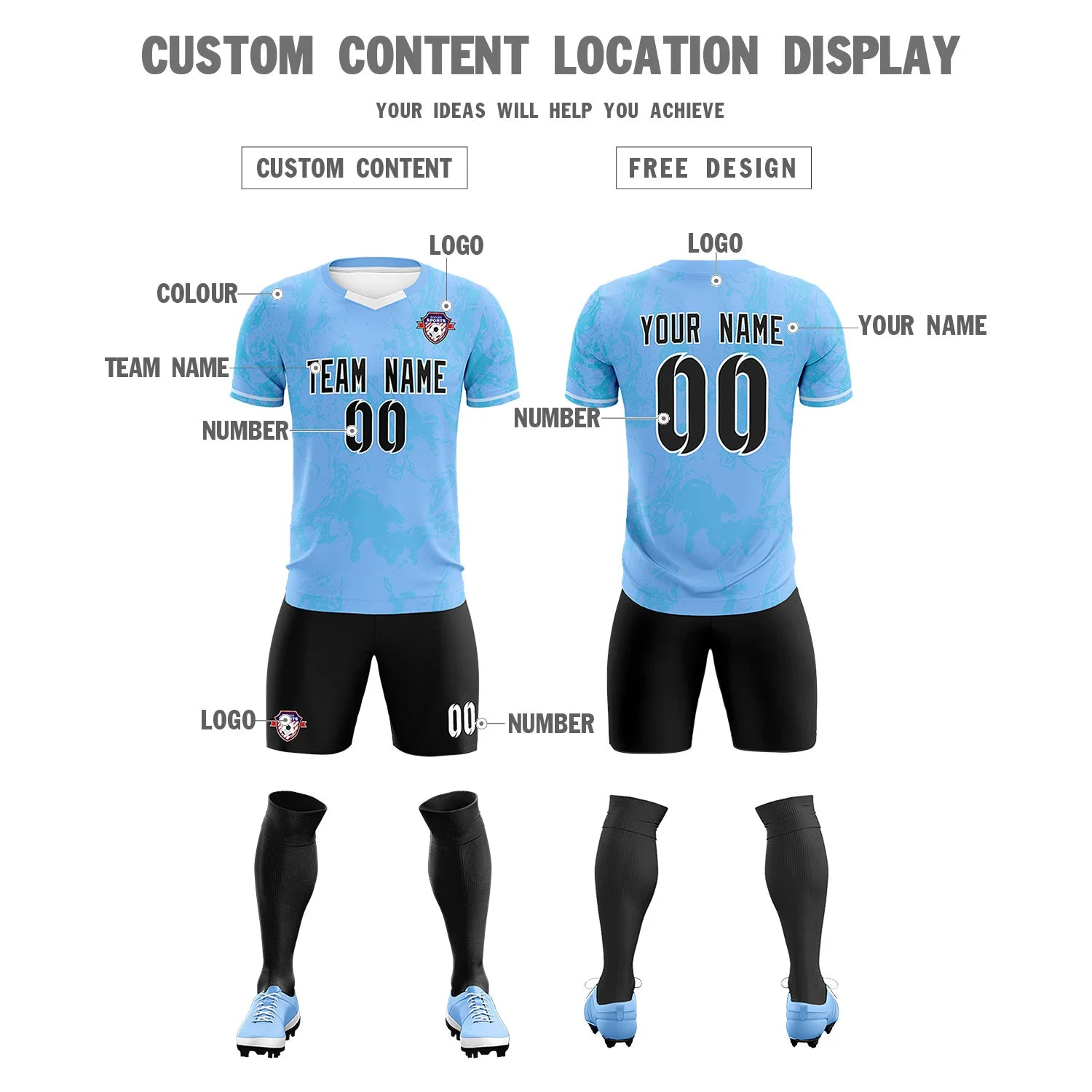 Custom Light Blue Powder Blue Training Uniform Soccer Sets Jersey