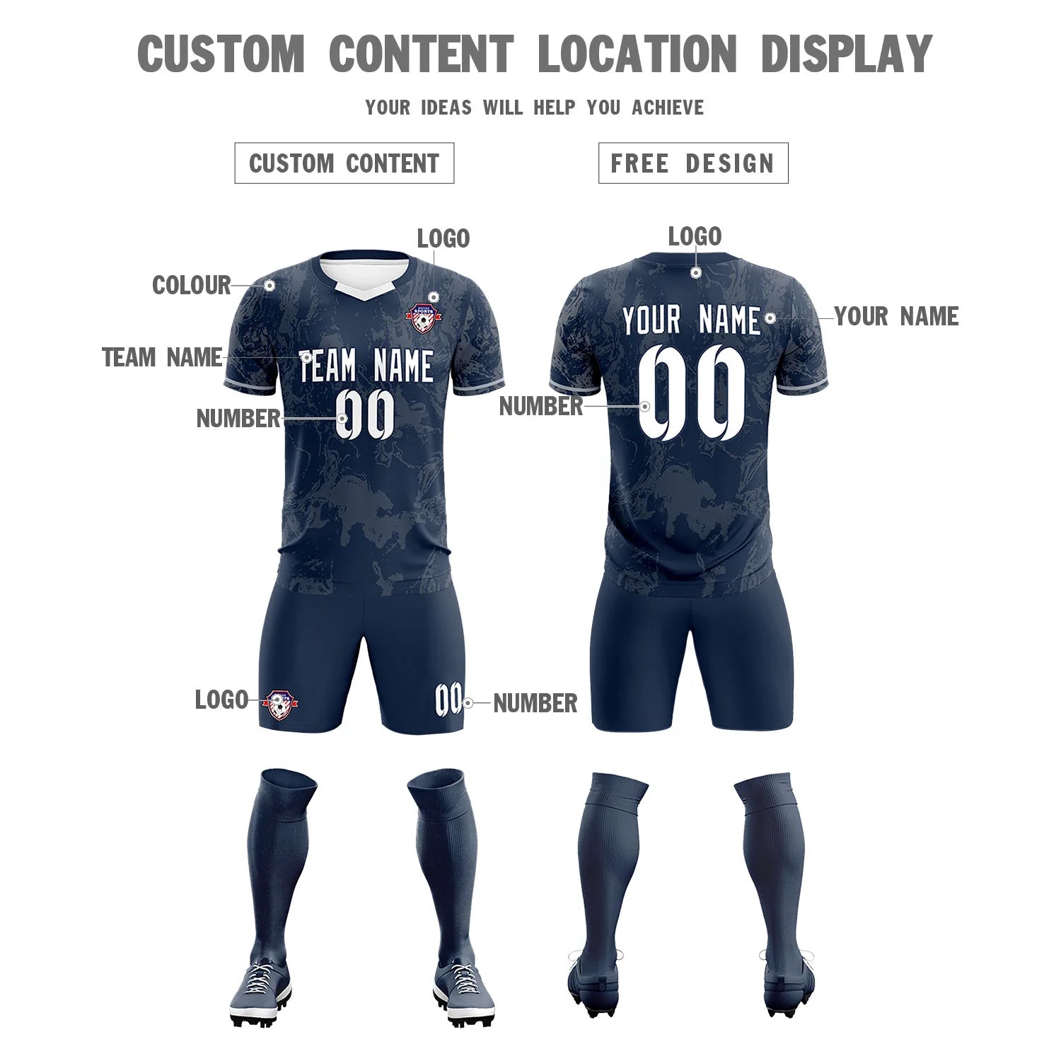 Custom Navy Gray Training Uniform Soccer Sets Jersey