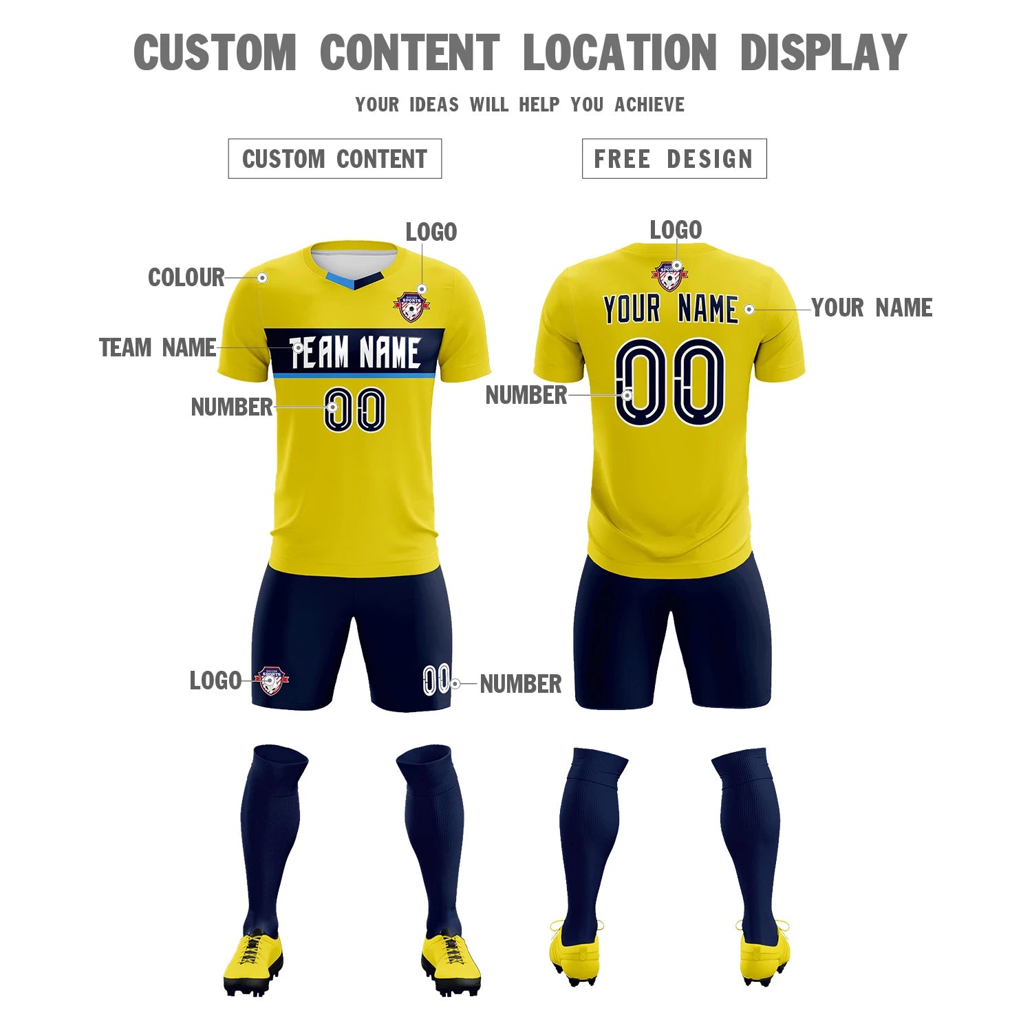 Custom Gold01 Navy Casual Printing Sportswear Soccer Sets Jersey