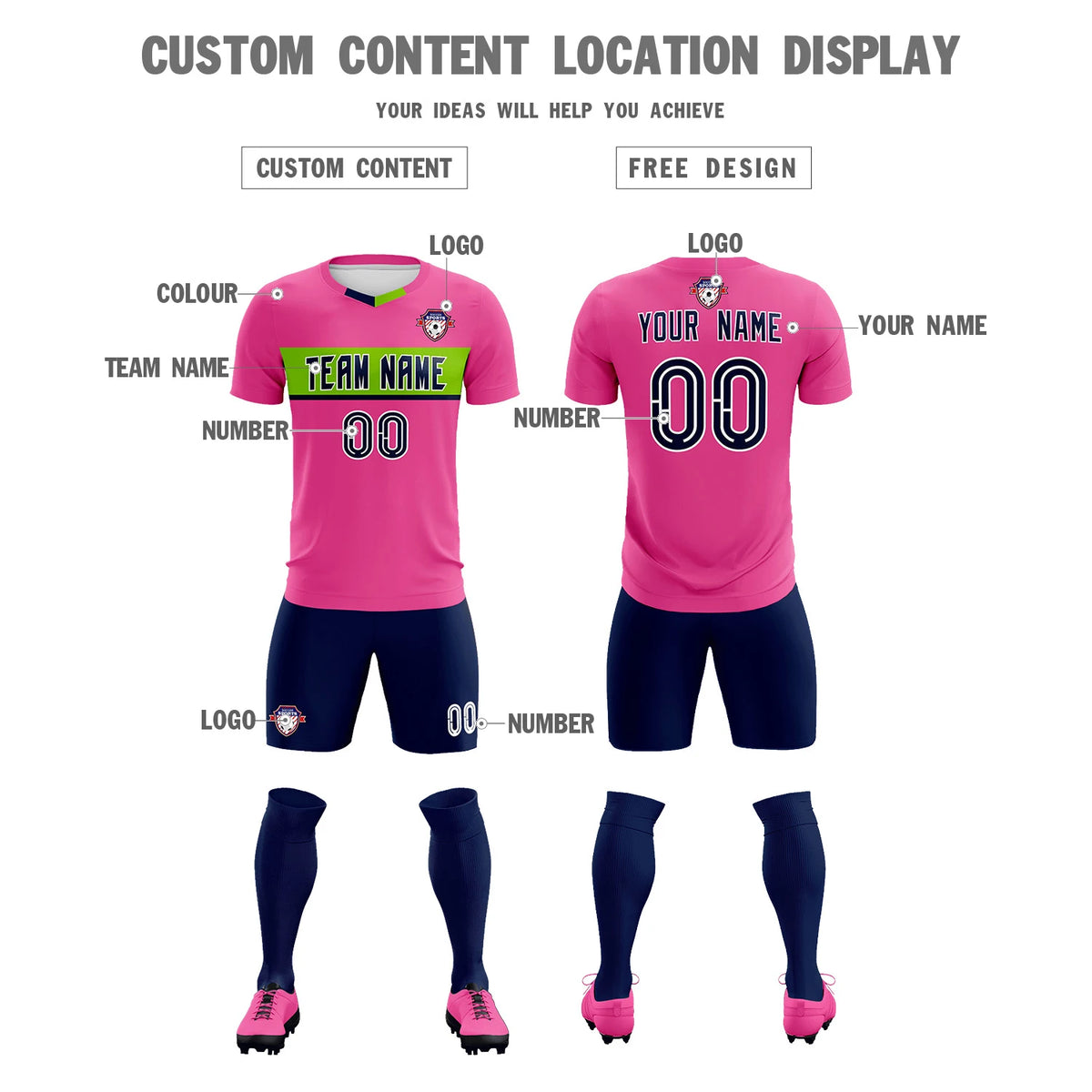 Custom Pink Navy Casual Printing Sportswear Soccer Sets Jersey