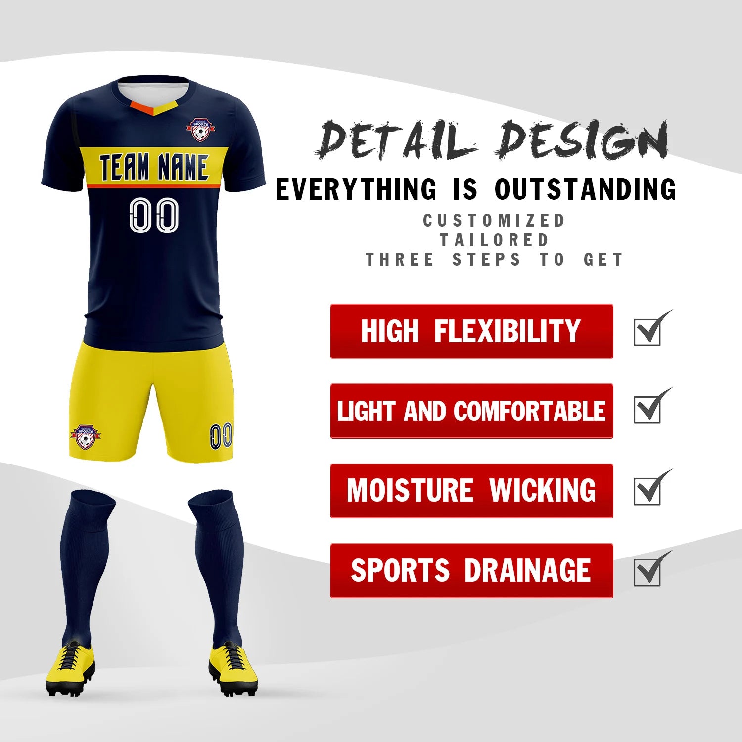 Custom Navy Gold01 Casual Printing Sportswear Soccer Sets Jersey