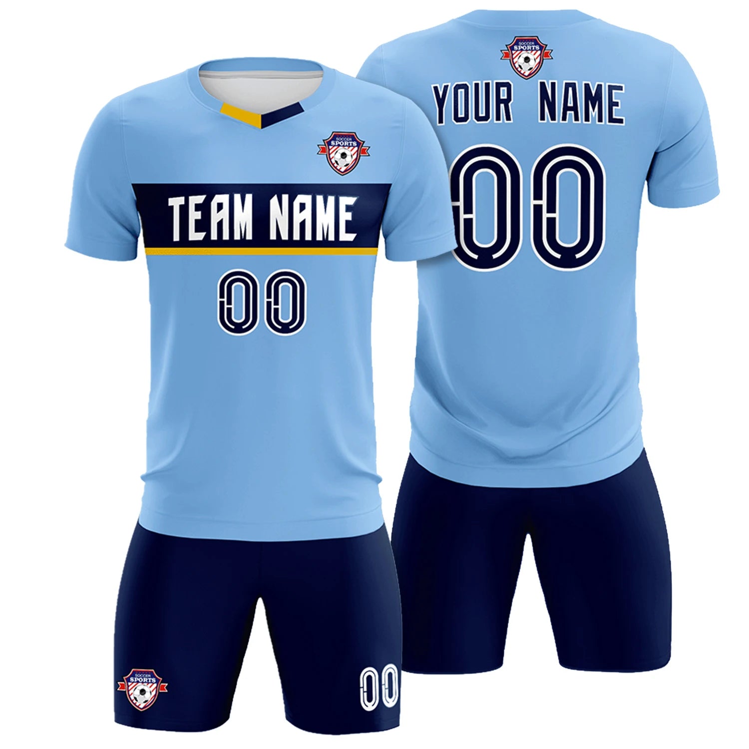 Custom Light Blue Gold01 Casual Printing Sportswear Soccer Sets Jersey