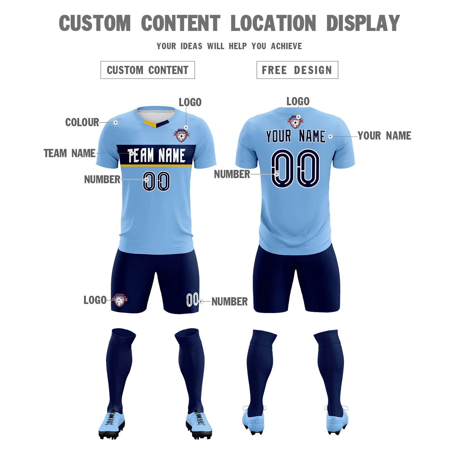 Custom Light Blue Gold01 Casual Printing Sportswear Soccer Sets Jersey