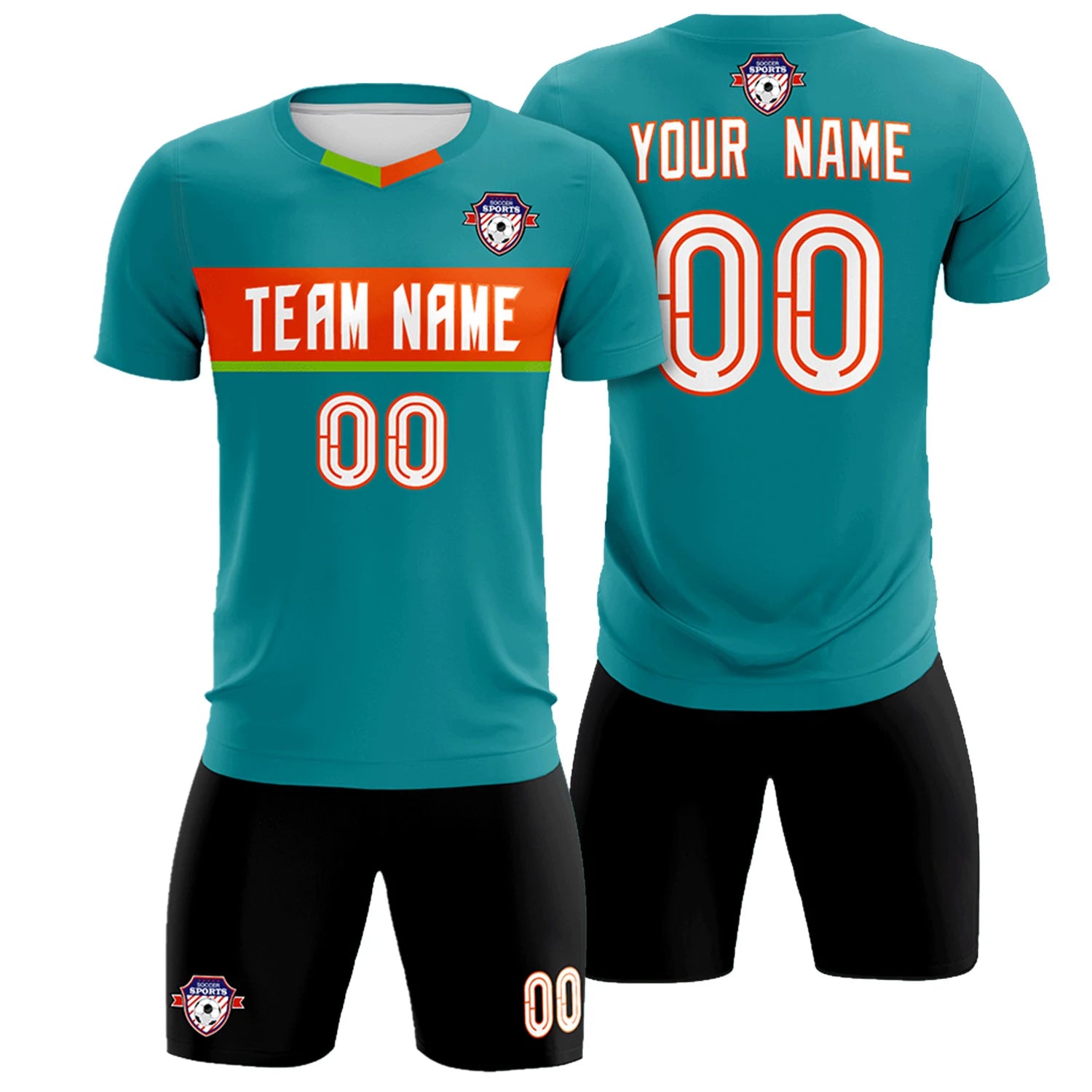 Custom Aqua Orange Casual Printing Sportswear Soccer Sets Jersey