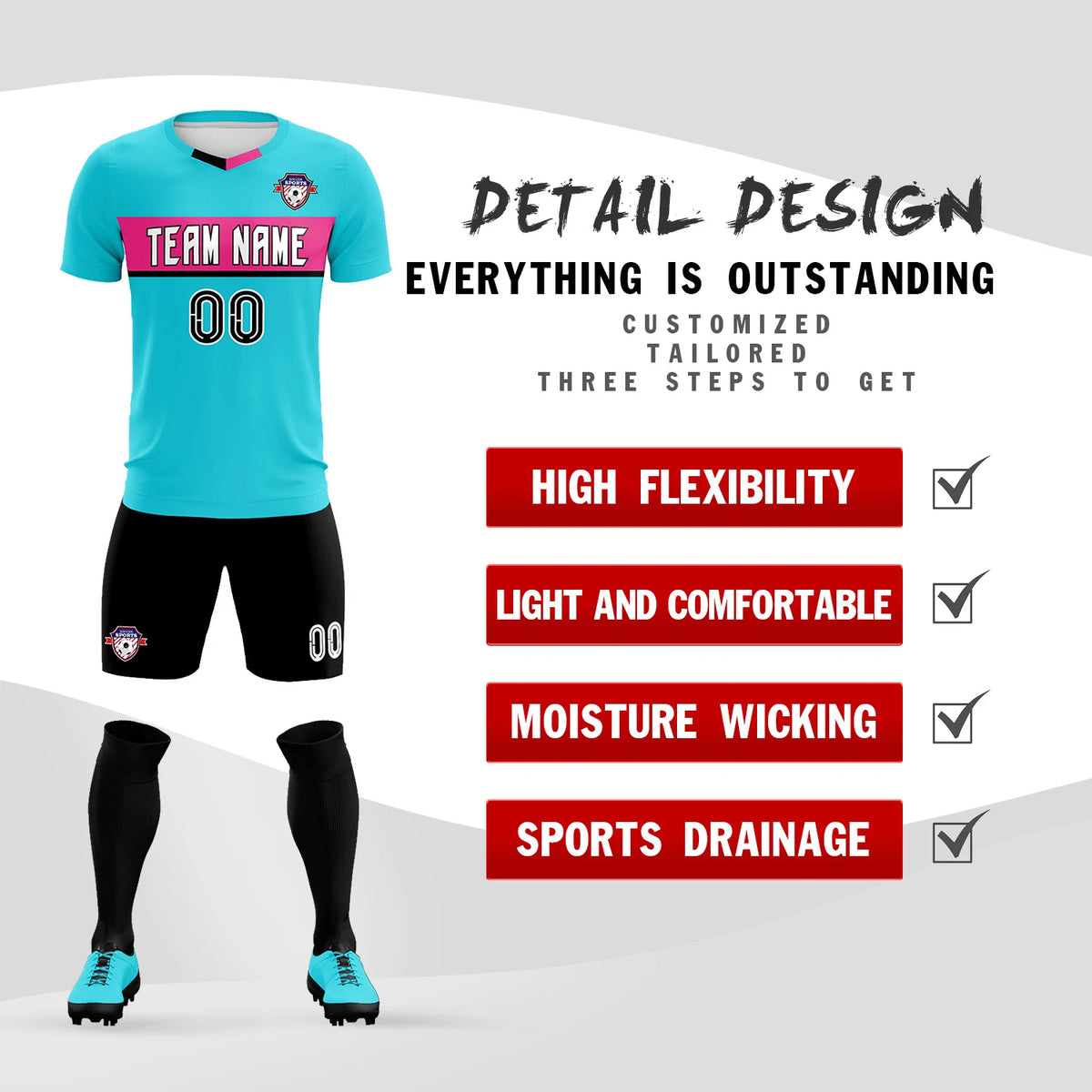 Custom Sky Blue Pink Casual Printing Sportswear Soccer Sets Jersey
