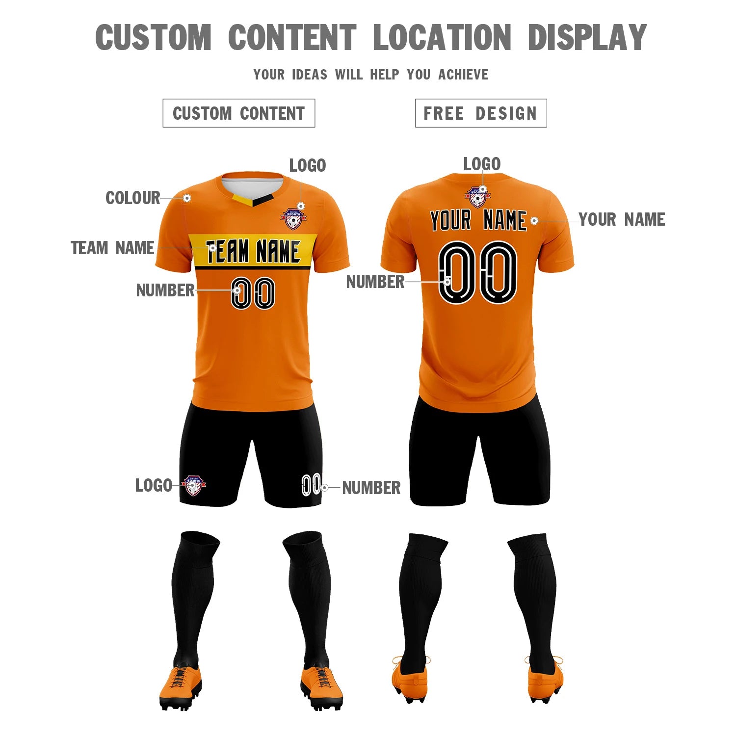 Custom Orange Gold01 Casual Printing Sportswear Soccer Sets Jersey