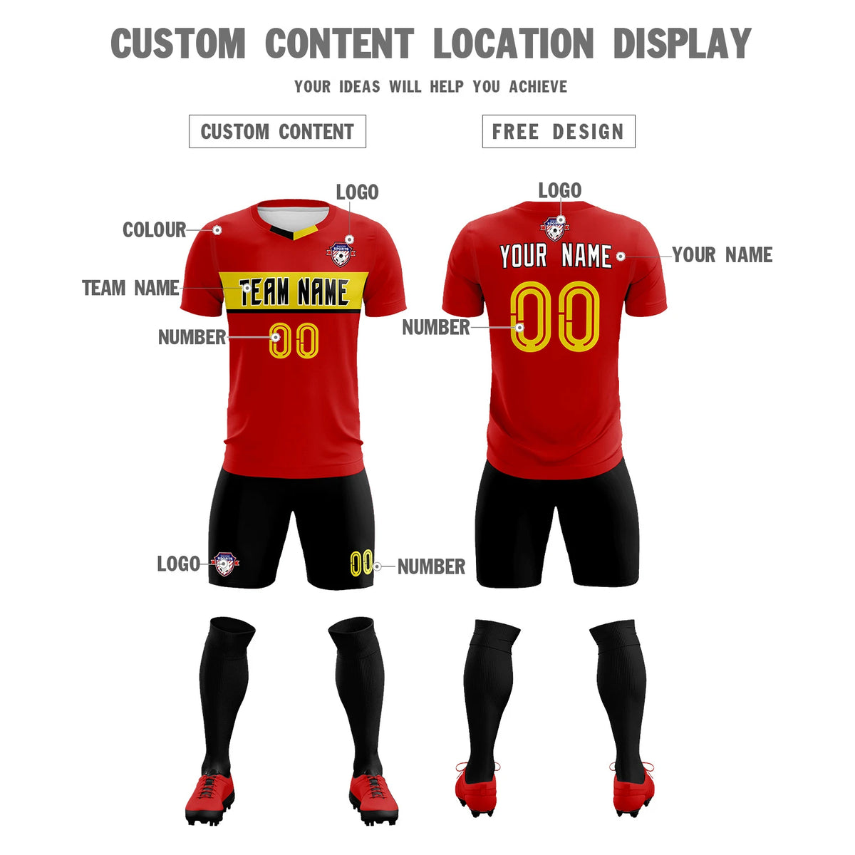 Custom Red Gold01 Casual Printing Sportswear Soccer Sets Jersey