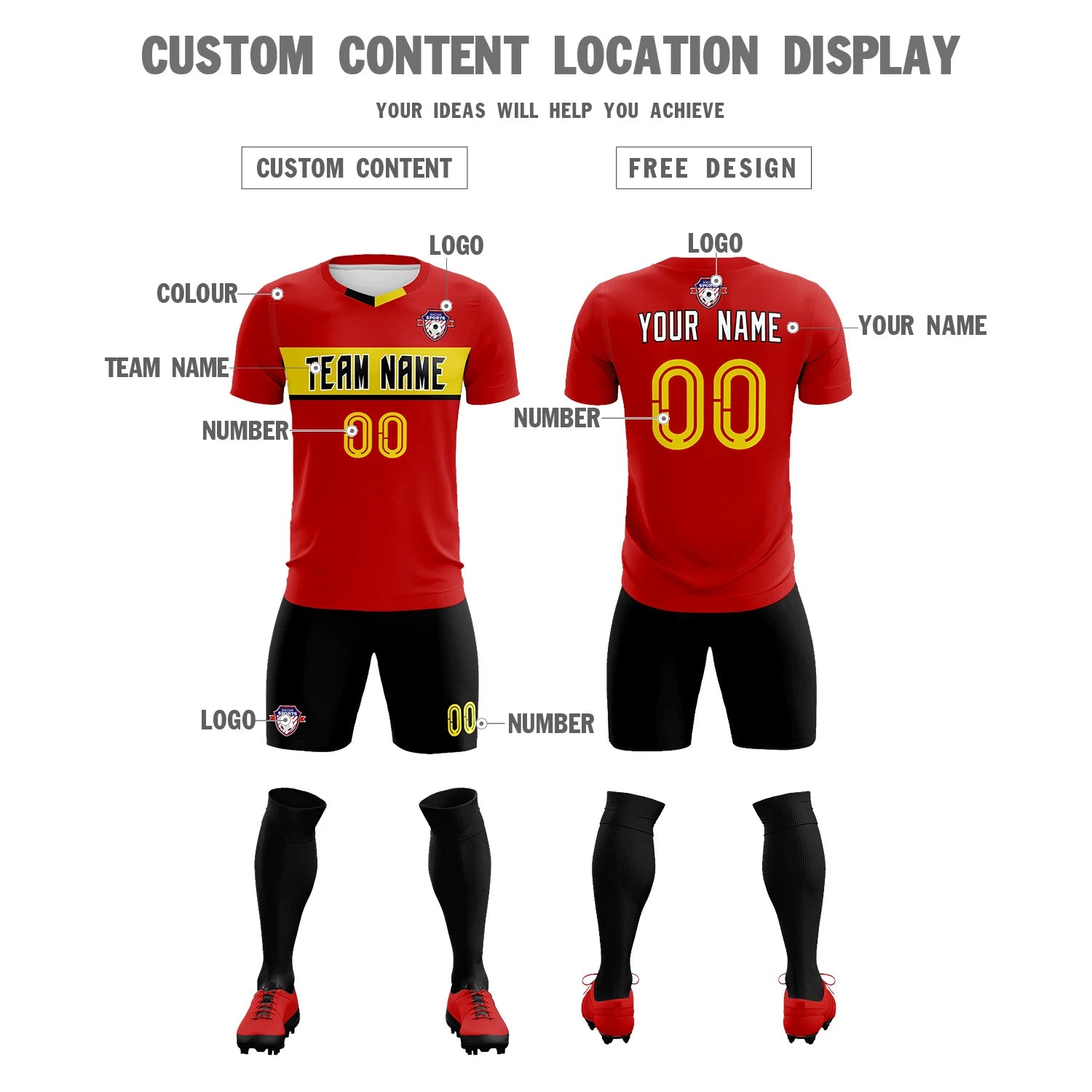 Custom Red Gold01 Casual Printing Sportswear Soccer Sets Jersey