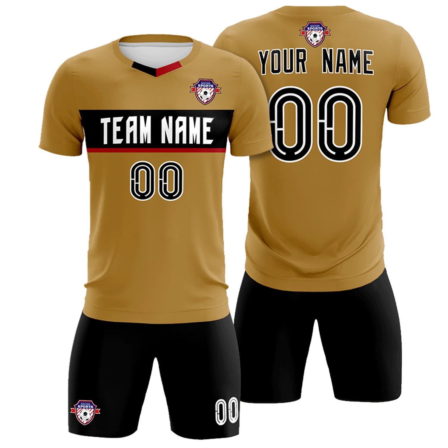Custom Old Gold Black Casual Printing Sportswear Soccer Sets Jersey