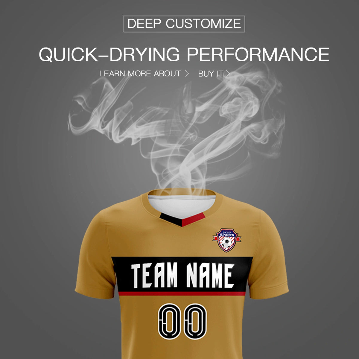 Custom Old Gold Black Casual Printing Sportswear Soccer Sets Jersey