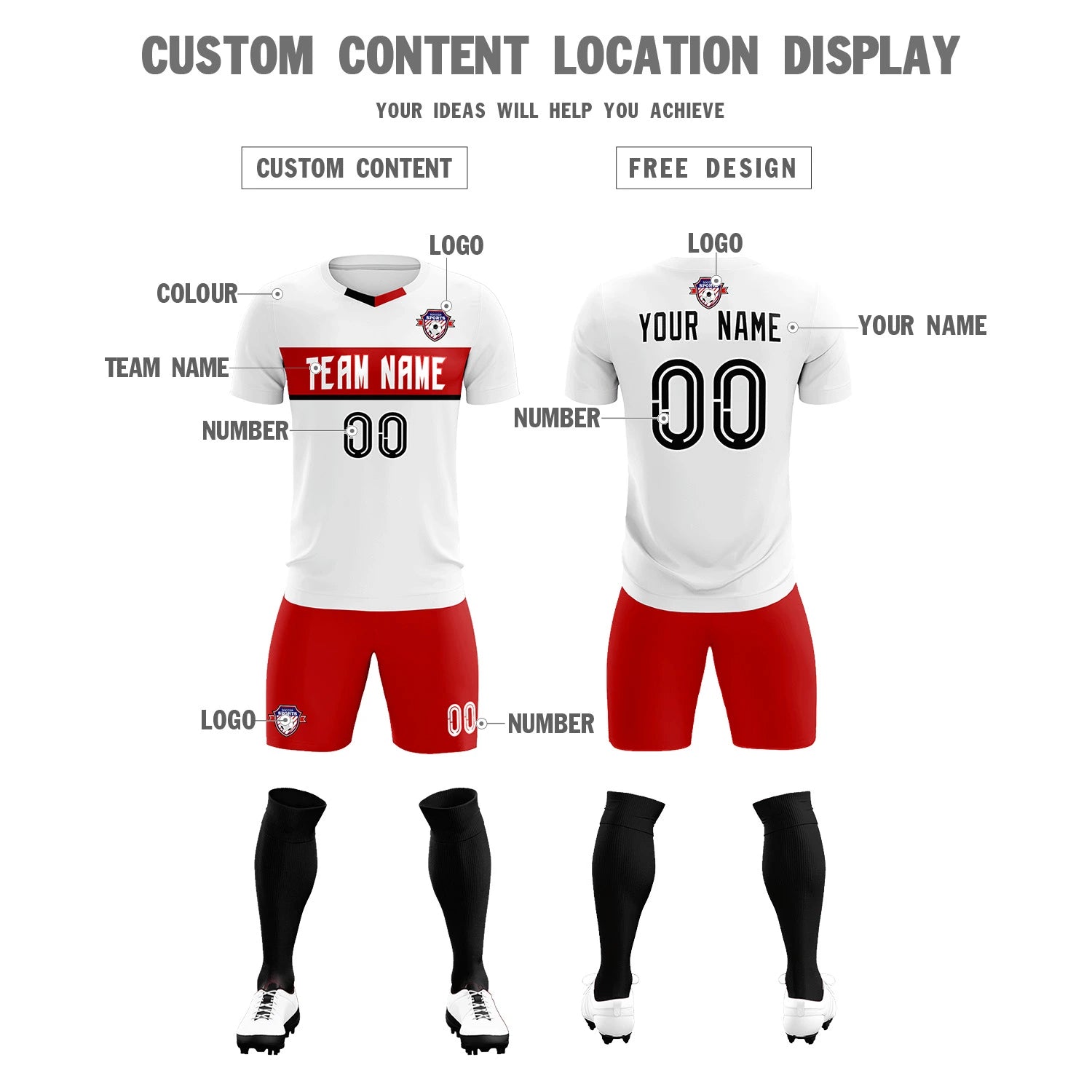 Custom White Red Casual Printing Sportswear Soccer Sets Jersey
