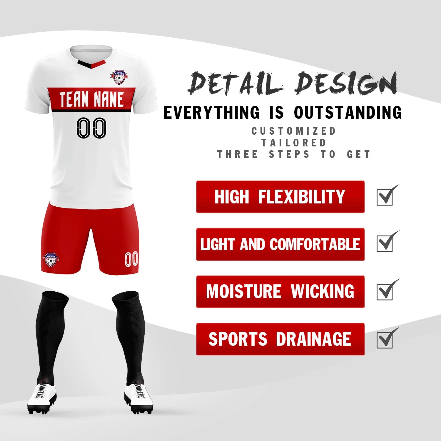 Custom White Red Casual Printing Sportswear Soccer Sets Jersey