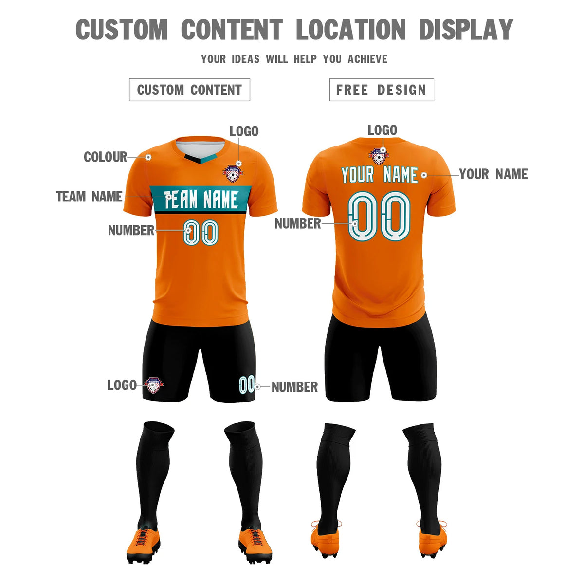 Custom Orange Aqua Casual Printing Sportswear Soccer Sets Jersey