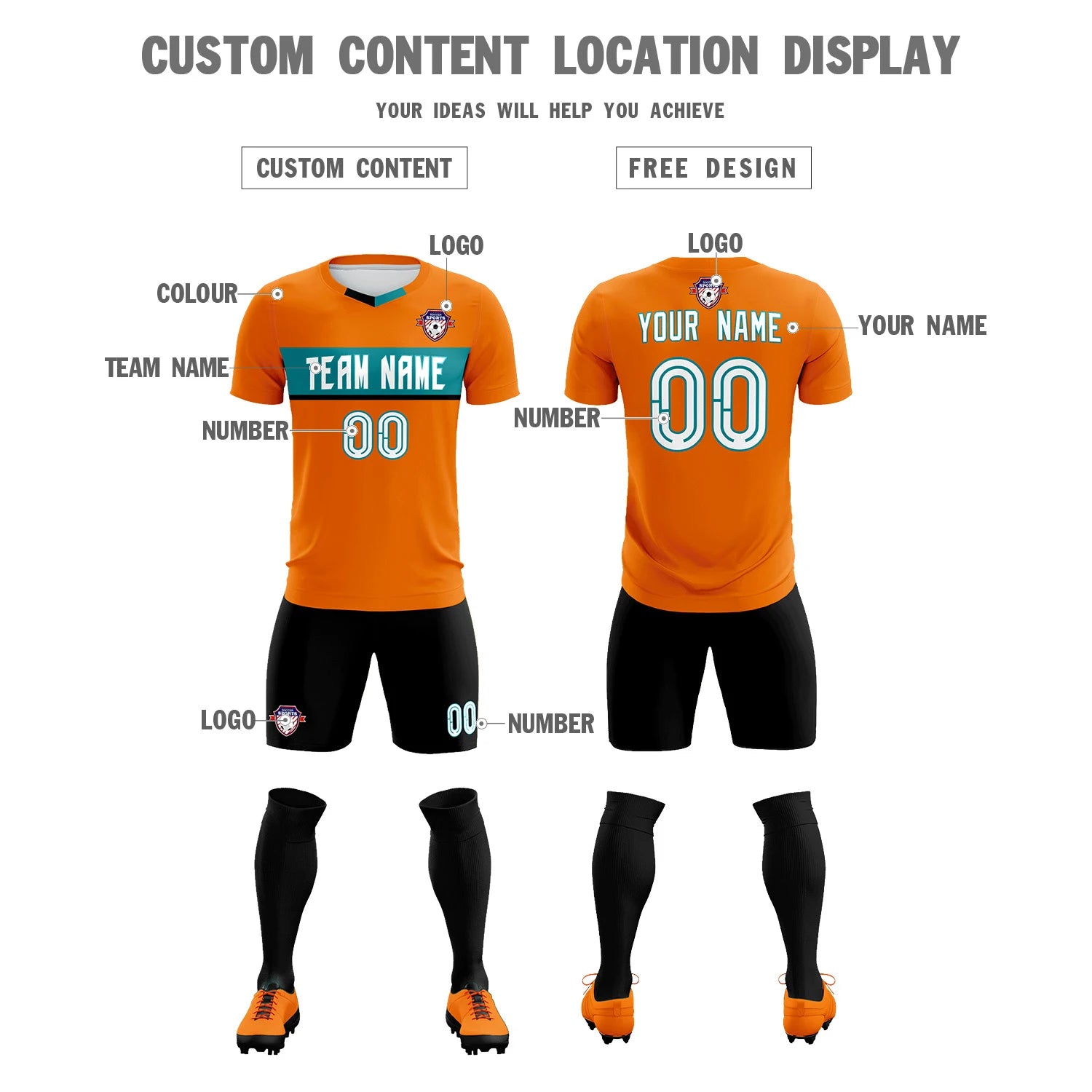 Custom Orange Aqua Casual Printing Sportswear Soccer Sets Jersey