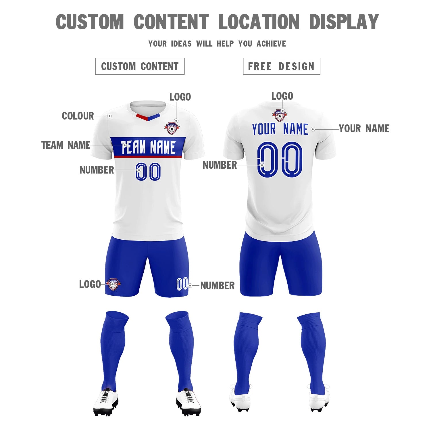 Custom White Royal Blue Casual Printing Sportswear Soccer Sets Jersey