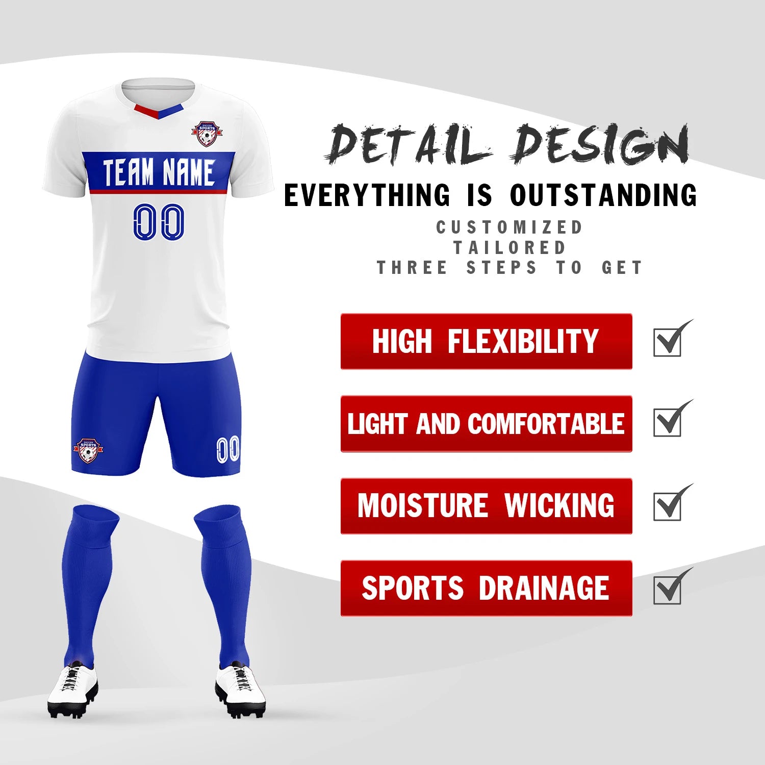 Custom White Royal Blue Casual Printing Sportswear Soccer Sets Jersey
