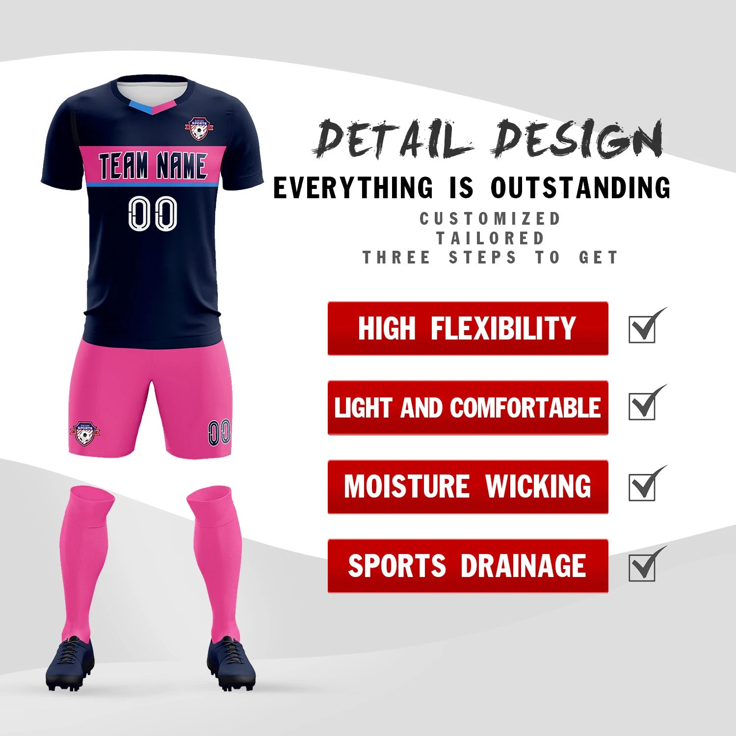 Custom Navy Powder Blue Casual Printing Sportswear Soccer Sets Jersey