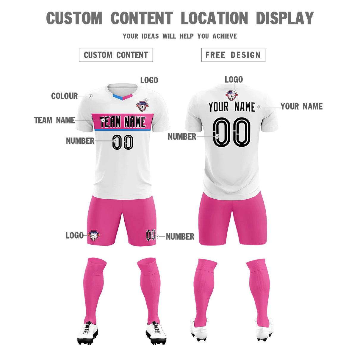Custom White Pink Casual Printing Sportswear Soccer Sets Jersey