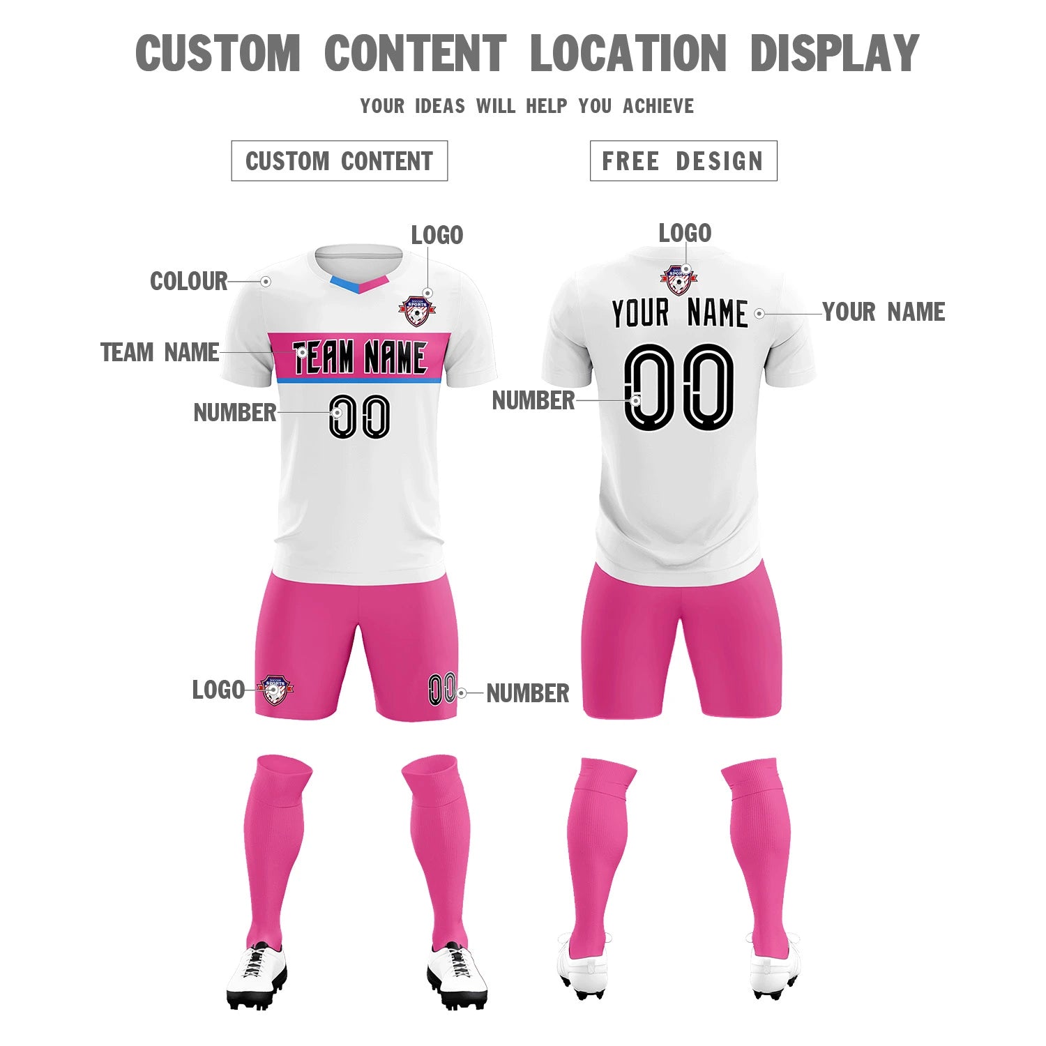 Custom White Pink Casual Printing Sportswear Soccer Sets Jersey