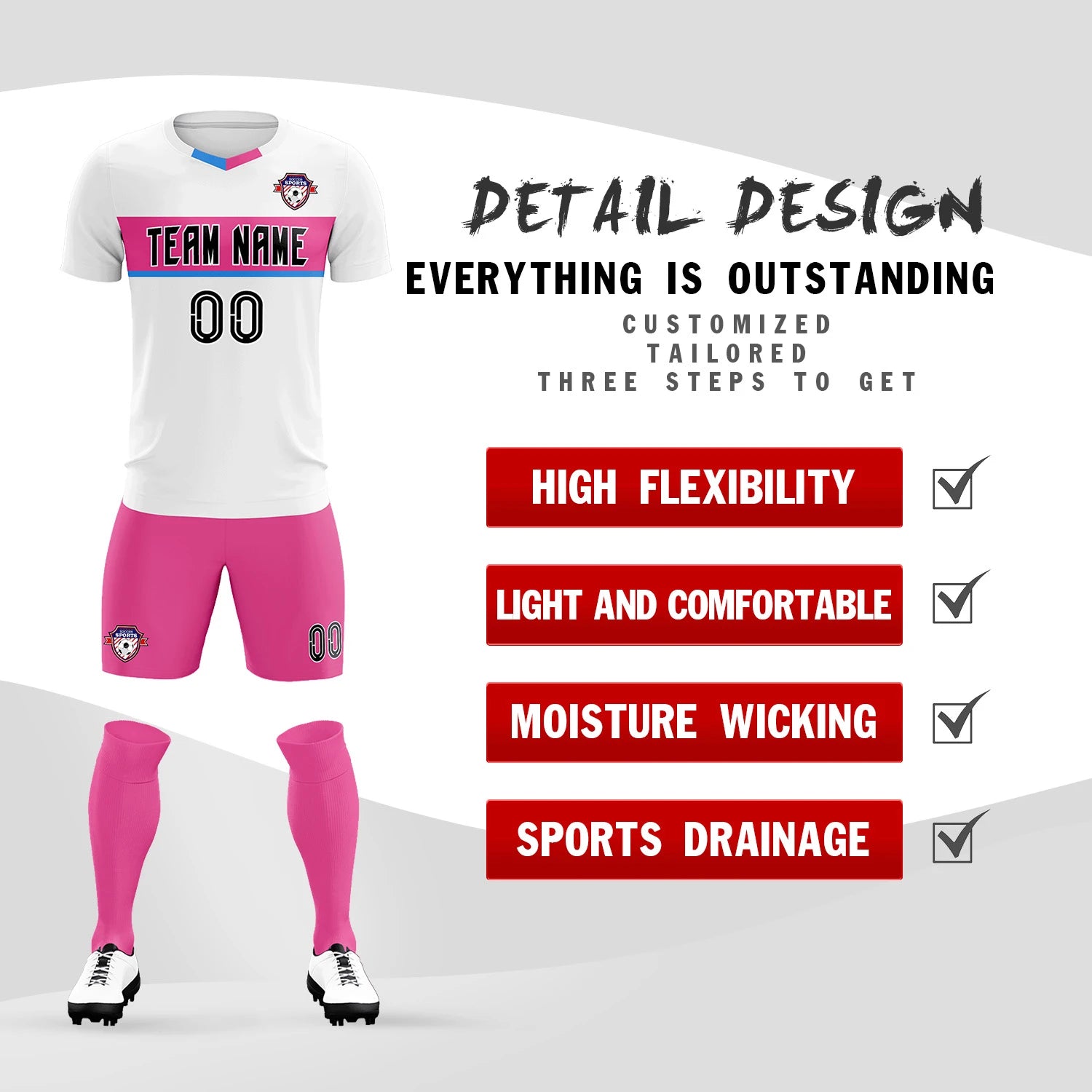 Custom White Pink Casual Printing Sportswear Soccer Sets Jersey