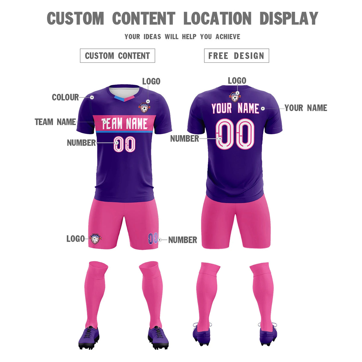 Custom Purple Pink Casual Printing Sportswear Soccer Sets Jersey