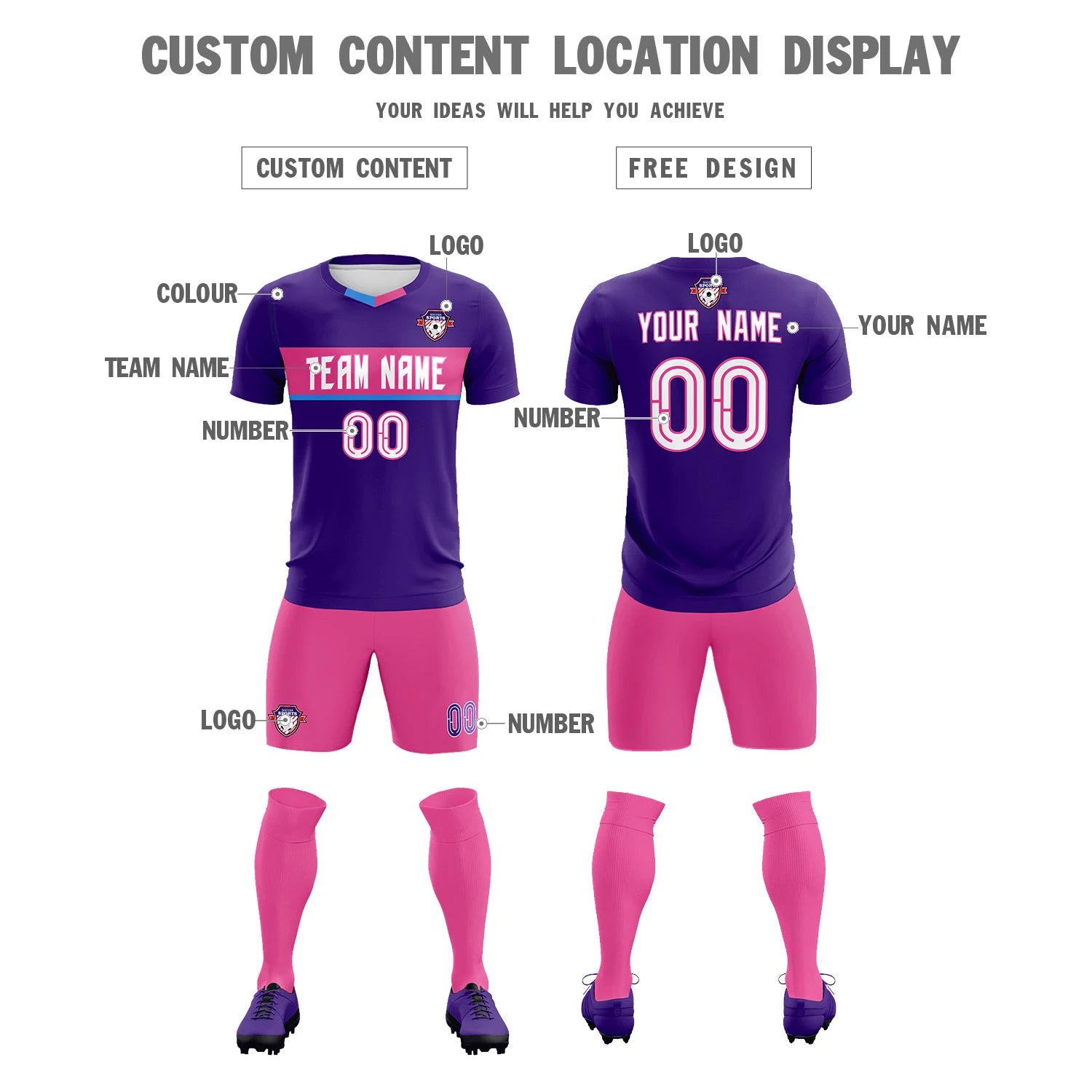 Custom Purple Pink Casual Printing Sportswear Soccer Sets Jersey