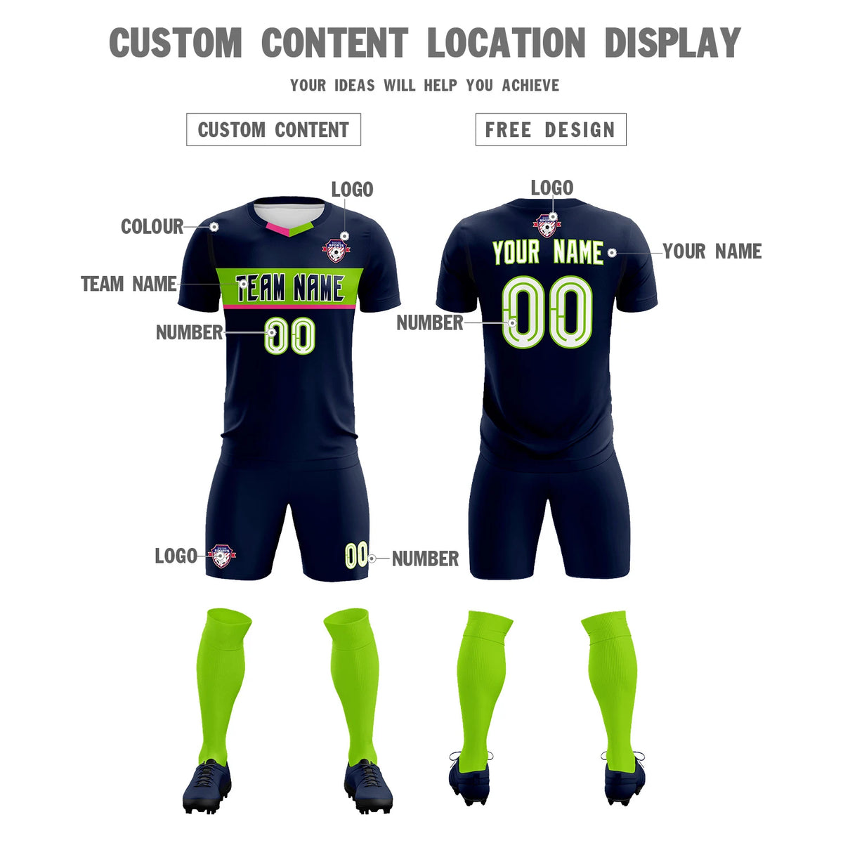 Custom Navy Neon Green Casual Printing Sportswear Soccer Sets Jersey
