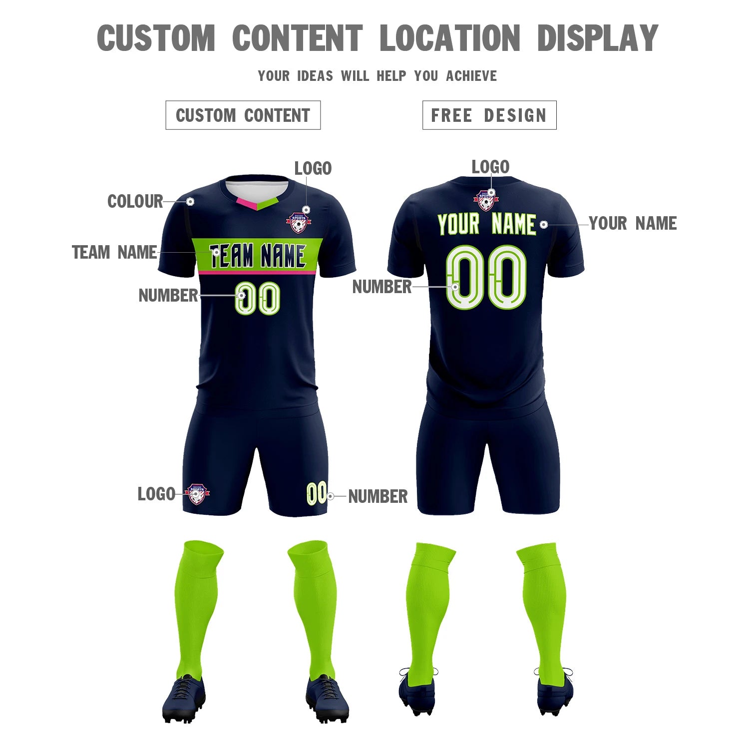 Custom Navy Neon Green Casual Printing Sportswear Soccer Sets Jersey