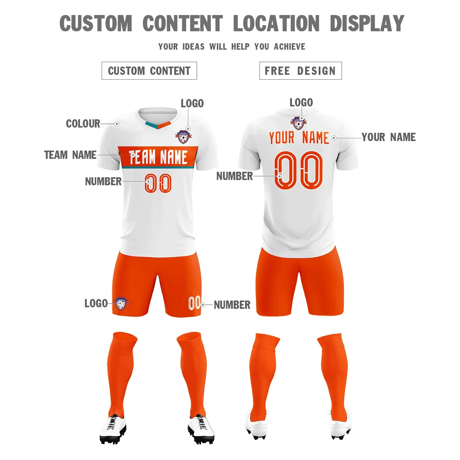 Custom White Orange Casual Printing Sportswear Soccer Sets Jersey