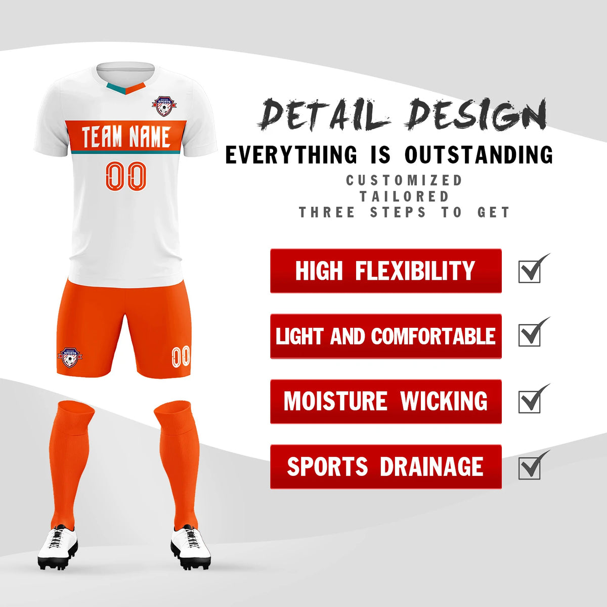 Custom White Orange Casual Printing Sportswear Soccer Sets Jersey