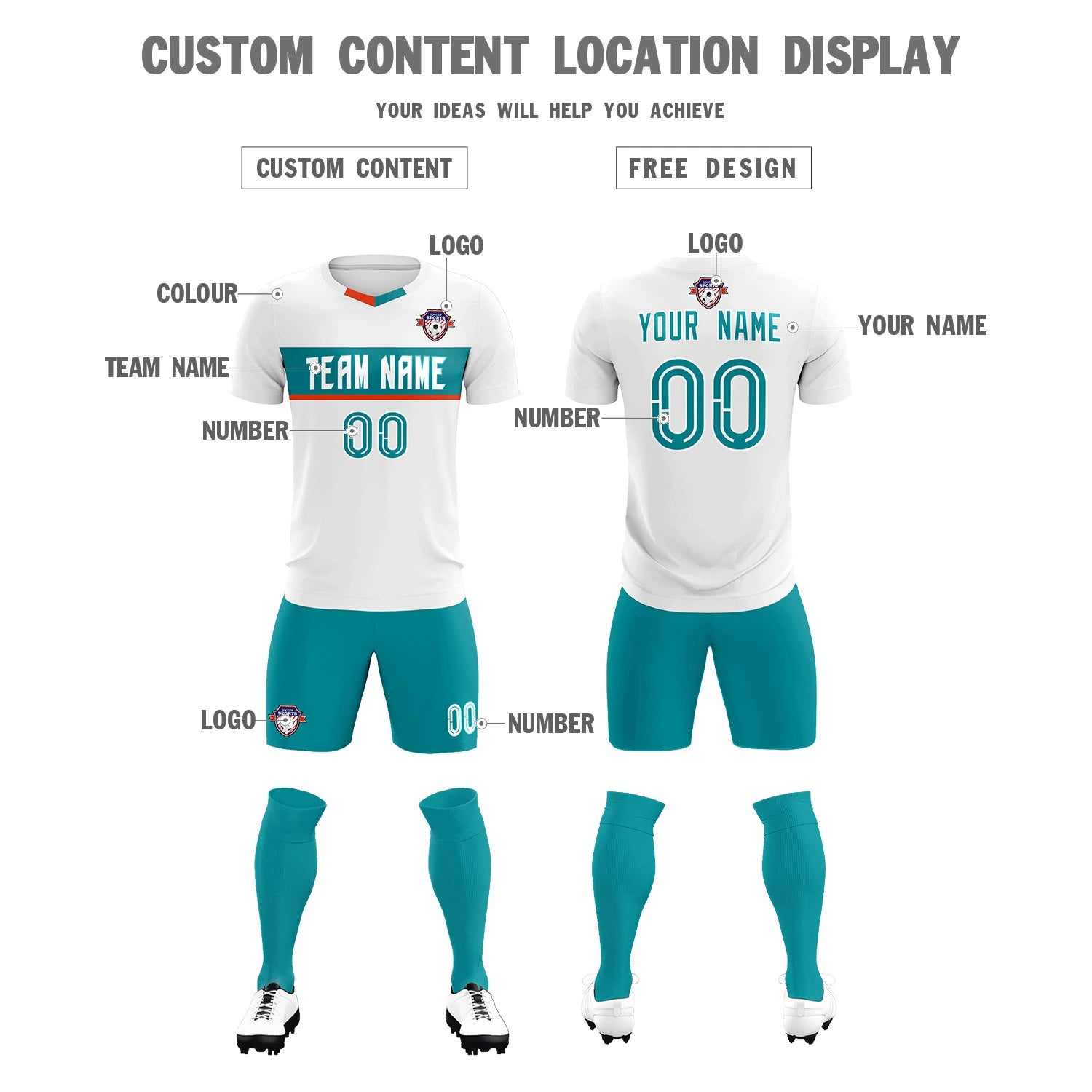 Custom White Aqua Casual Printing Sportswear Soccer Sets Jersey
