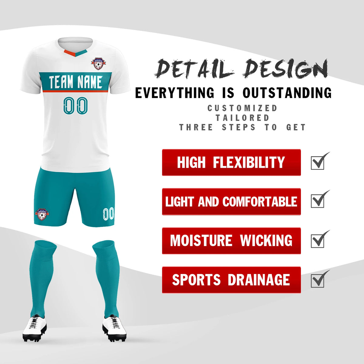 Custom White Aqua Casual Printing Sportswear Soccer Sets Jersey