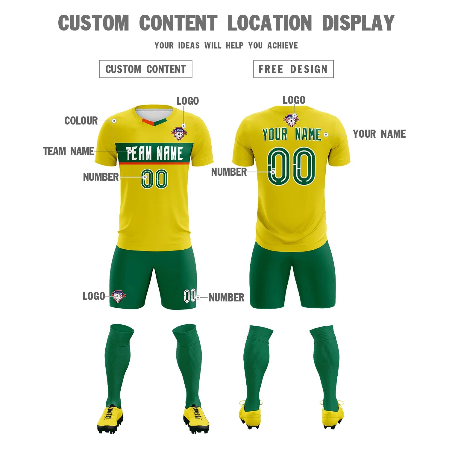 Custom Gold01 Kelly Green Casual Printing Sportswear Soccer Sets Jersey