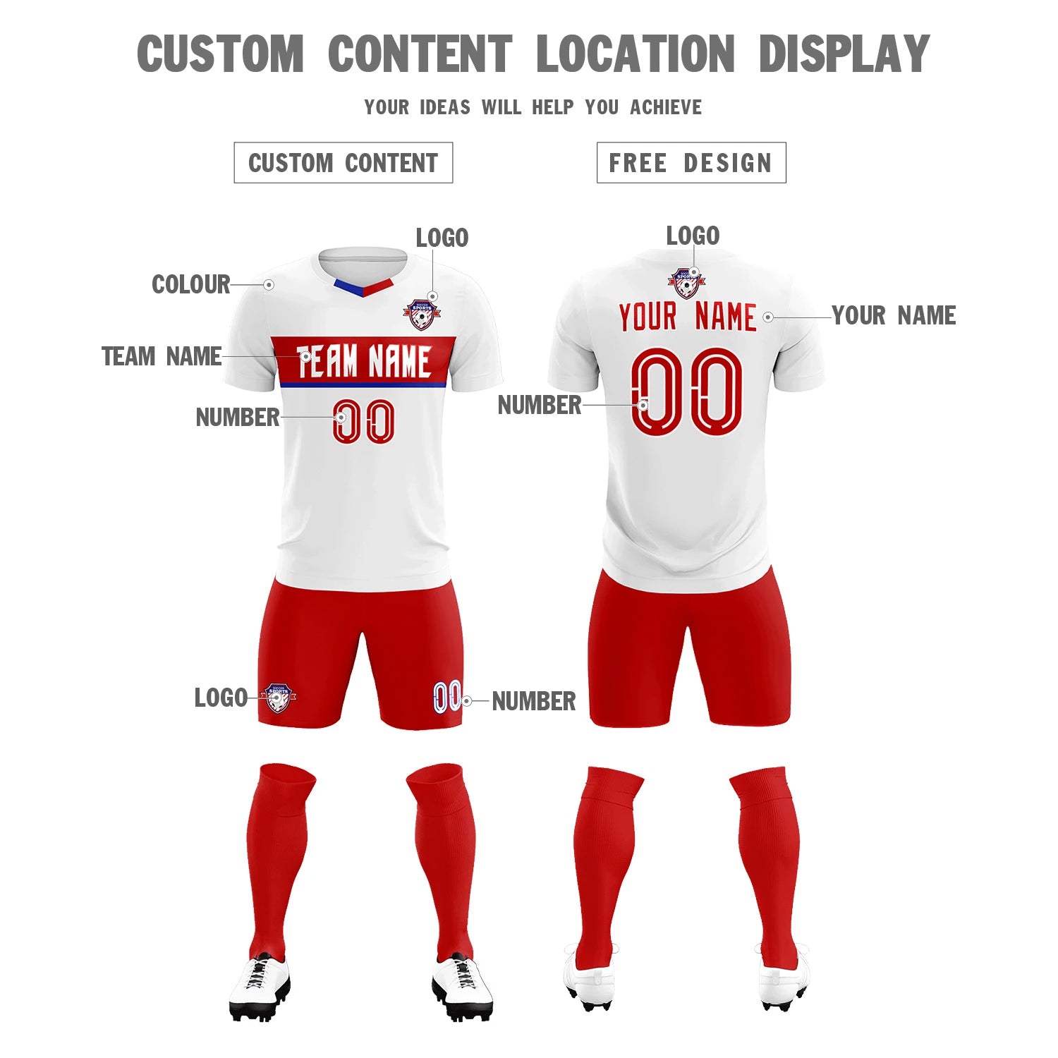Custom White Red Casual Printing Sportswear Soccer Sets Jersey