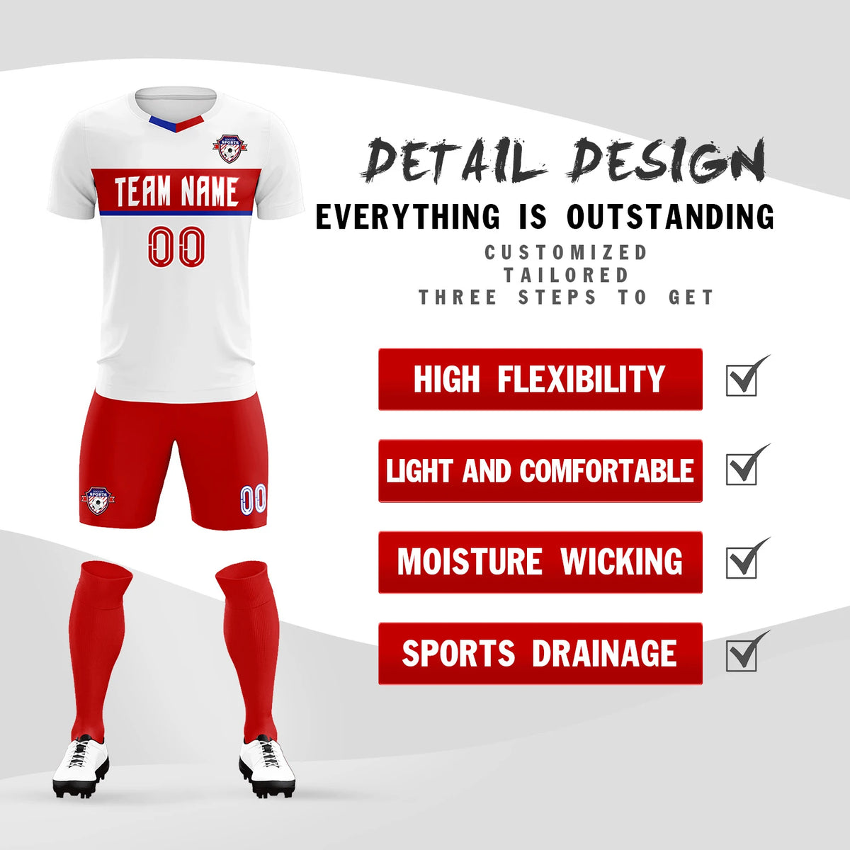 Custom White Red Casual Printing Sportswear Soccer Sets Jersey